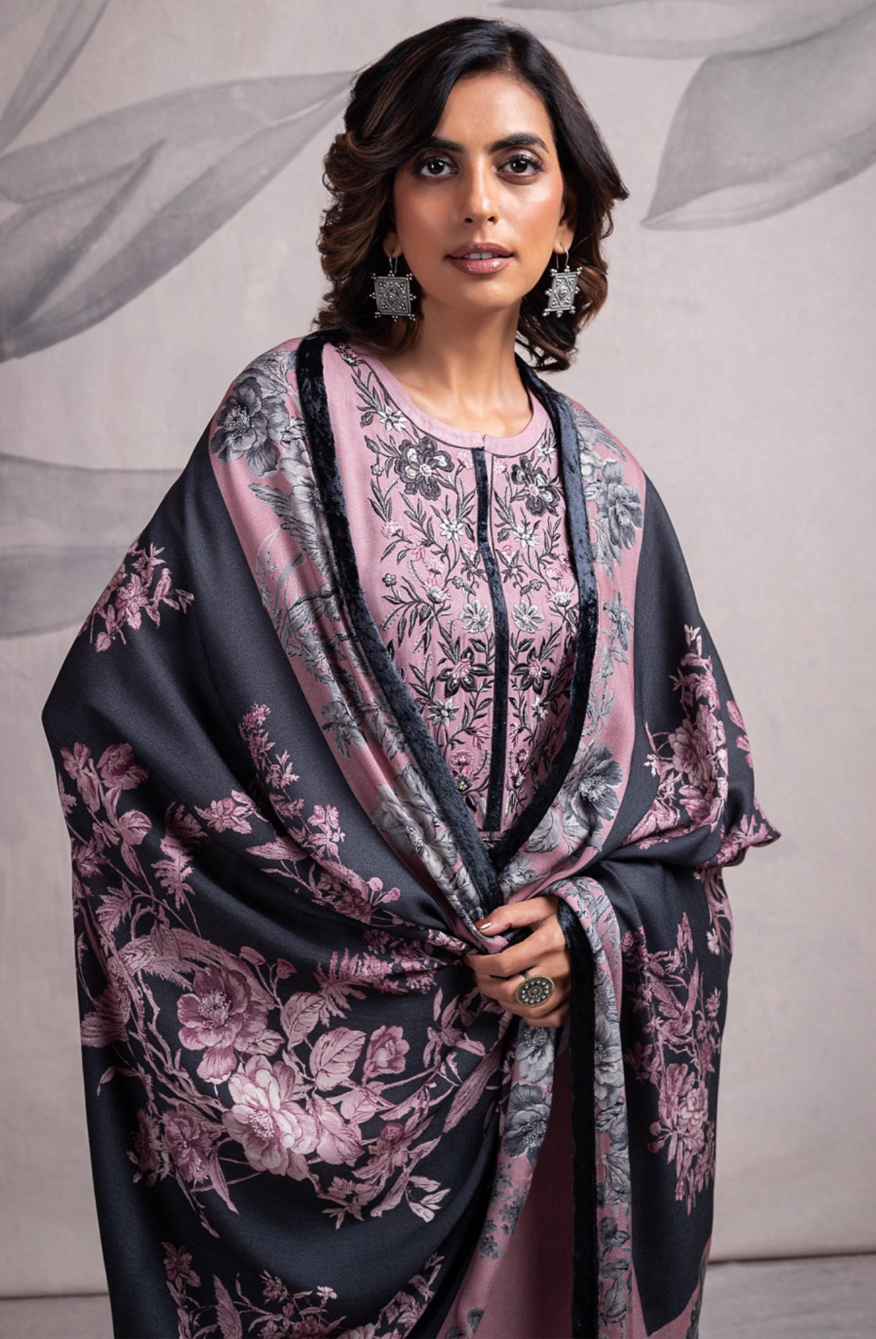 Mauve Pashmina Salwaar Kameez with Beautiful Digital Printed  Pashmina Shawl- MAR2337A