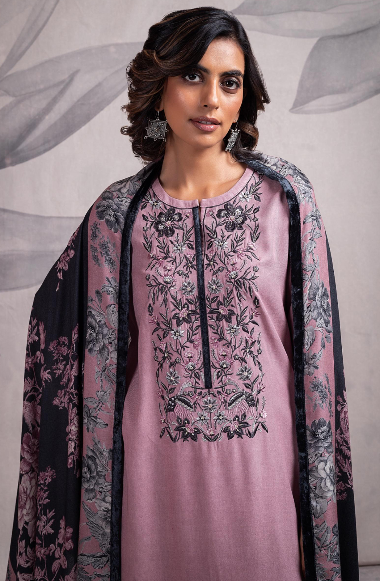 Mauve Pashmina Salwaar Kameez with Beautiful Digital Printed  Pashmina Shawl- MAR2337A