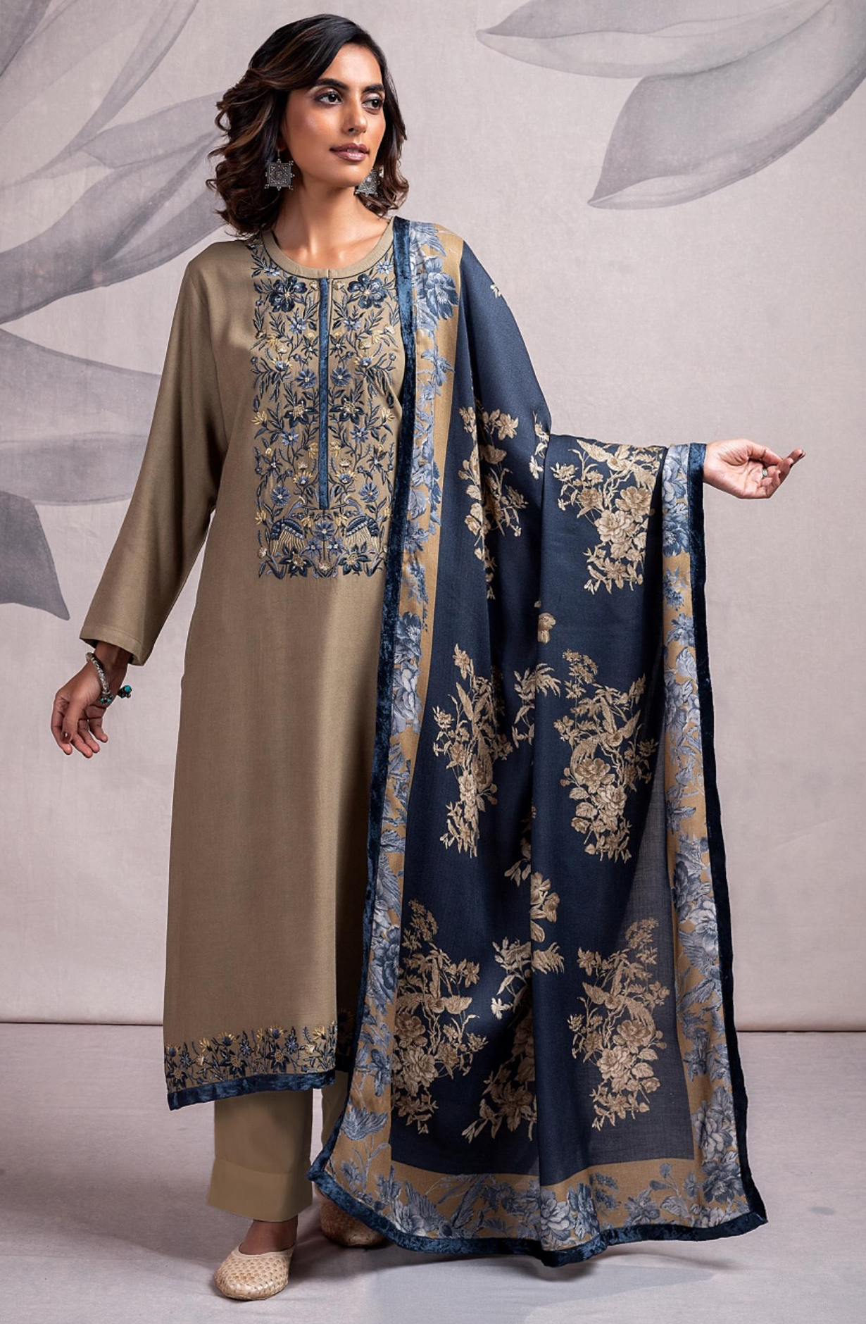 Mehandi Pashmina Salwaar Kameez with Beautiful Digital Printed Pashmina Shawl- MAR2337B