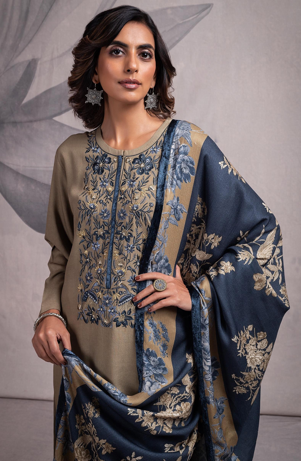 Mehandi Pashmina Salwaar Kameez with Beautiful Digital Printed Pashmina Shawl- MAR2337B