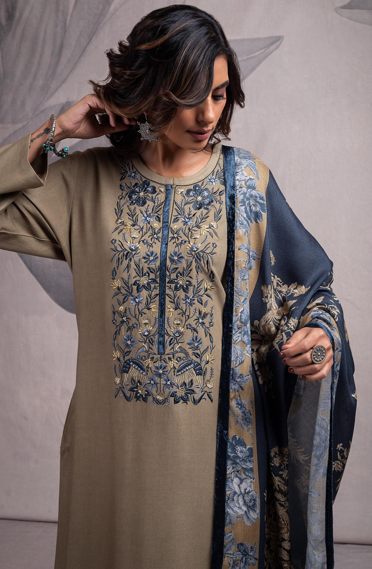 Mehandi Pashmina Salwaar Kameez with Beautiful Digital Printed Pashmina Shawl- MAR2337B
