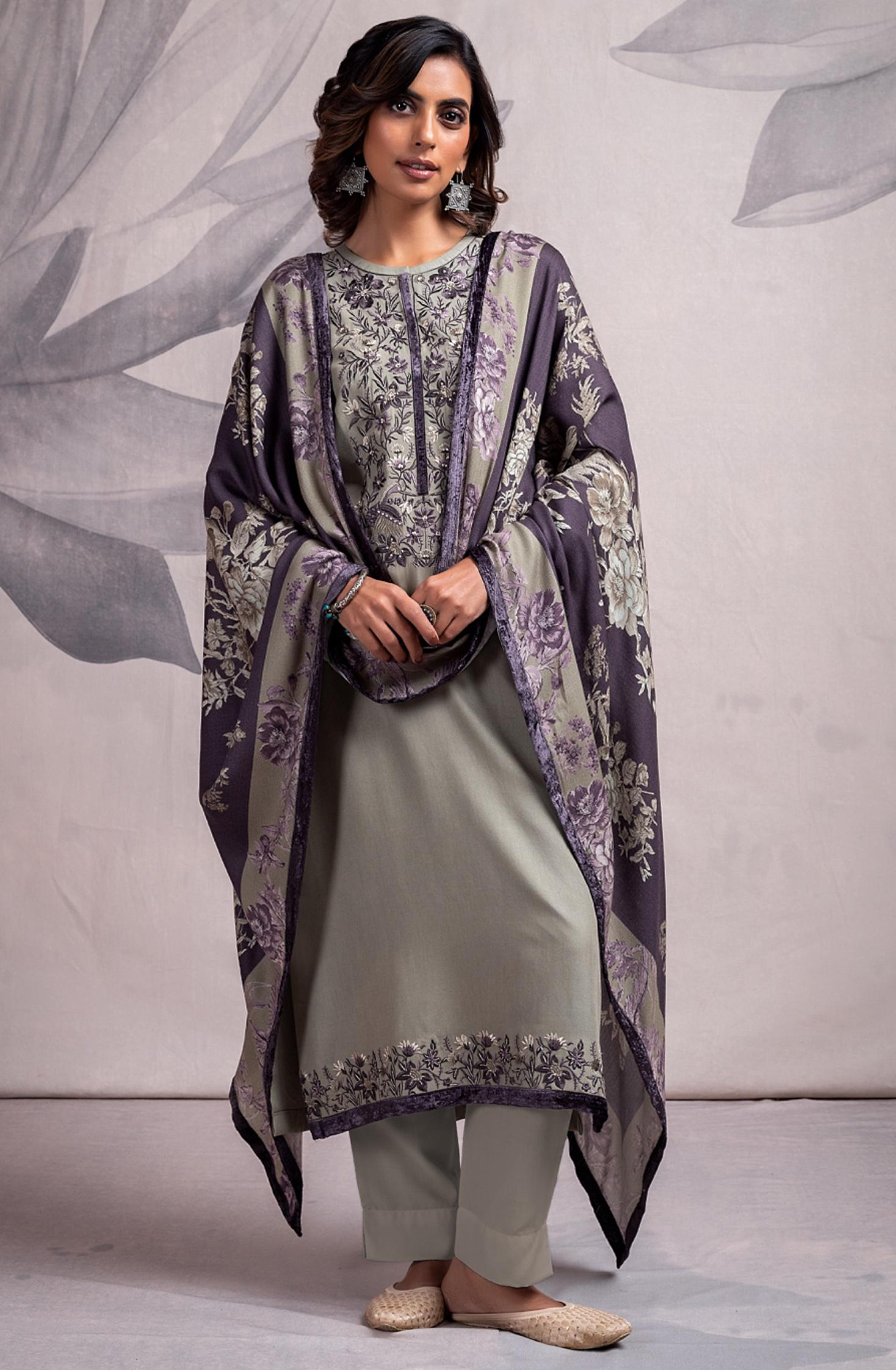 Green Pashmina Salwaar Kameez with Beautiful Digital Printed Pashmina Shawl- MAR2337C