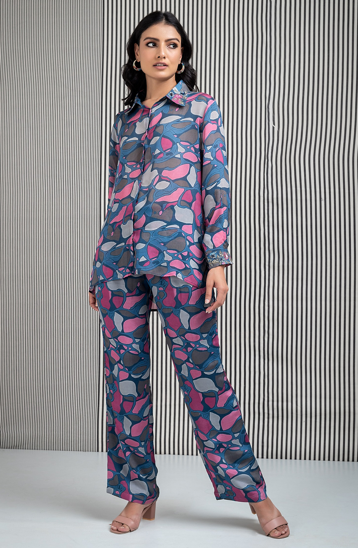 MARBLE MUSE Crepe Printed with Embroidered Collar Co-ord Set - MARNCDS018 - Available Size L XXL