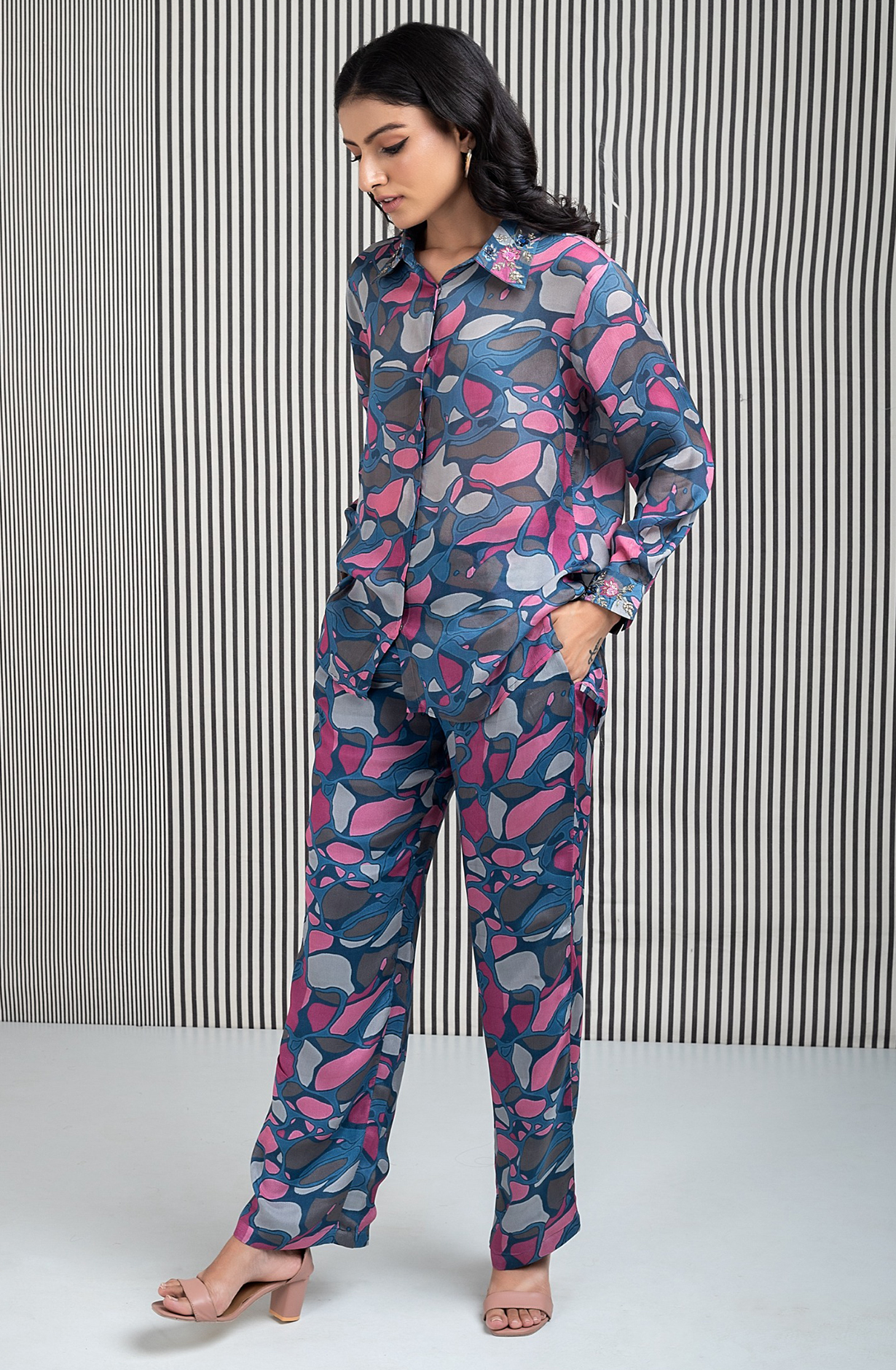 MARBLE MUSE Crepe Printed with Embroidered Collar Co-ord Set - MARNCDS018 - Available Size L XXL