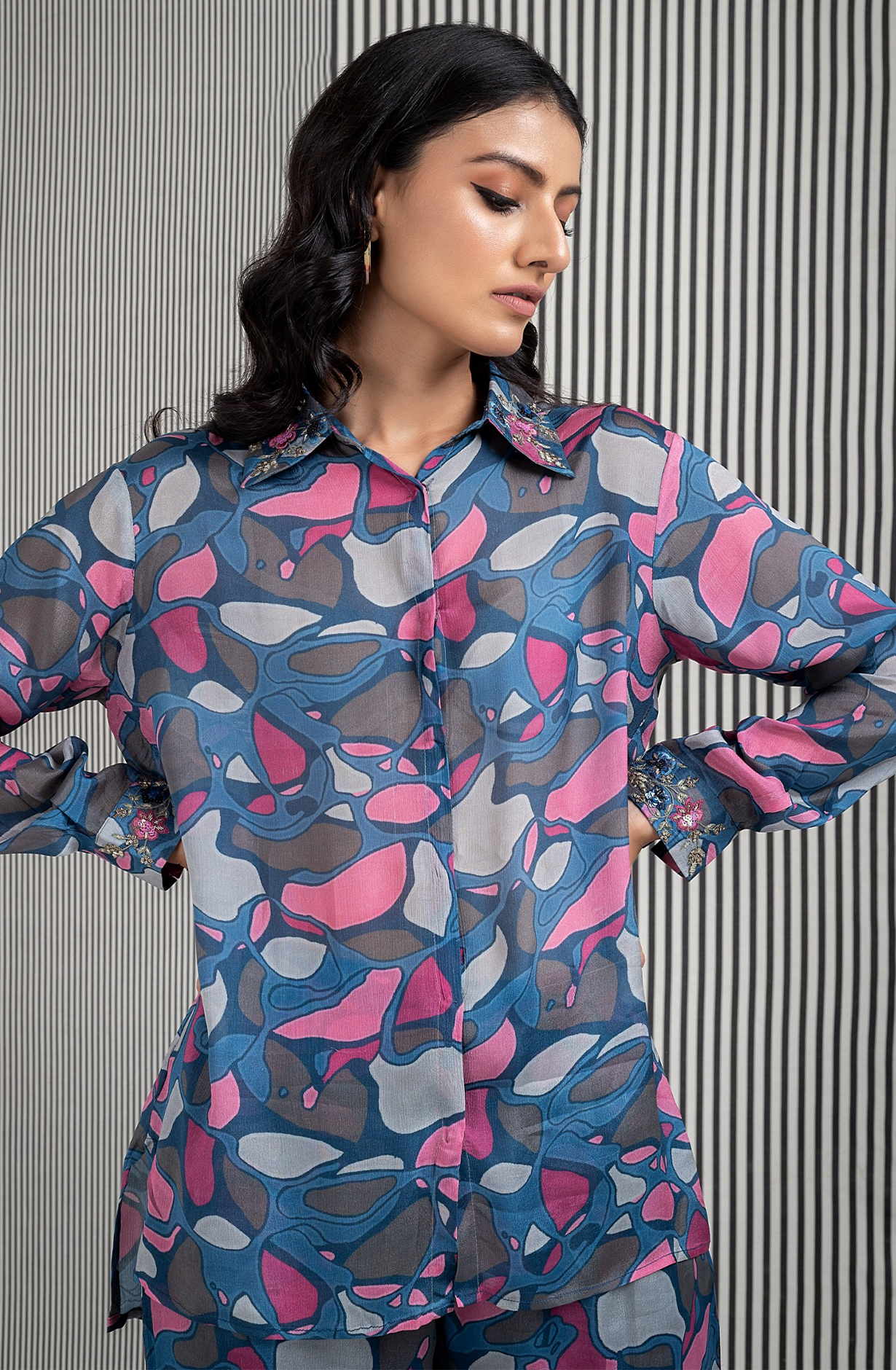 MARBLE MUSE Crepe Printed with Embroidered Collar Co-ord Set - MARNCDS018 - Available Size L XXL