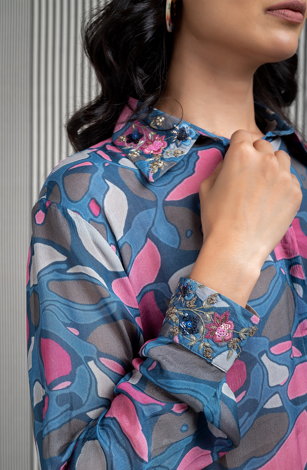 MARBLE MUSE Crepe Printed with Embroidered Collar Co-ord Set - MARNCDS018 - Available Size L XXL