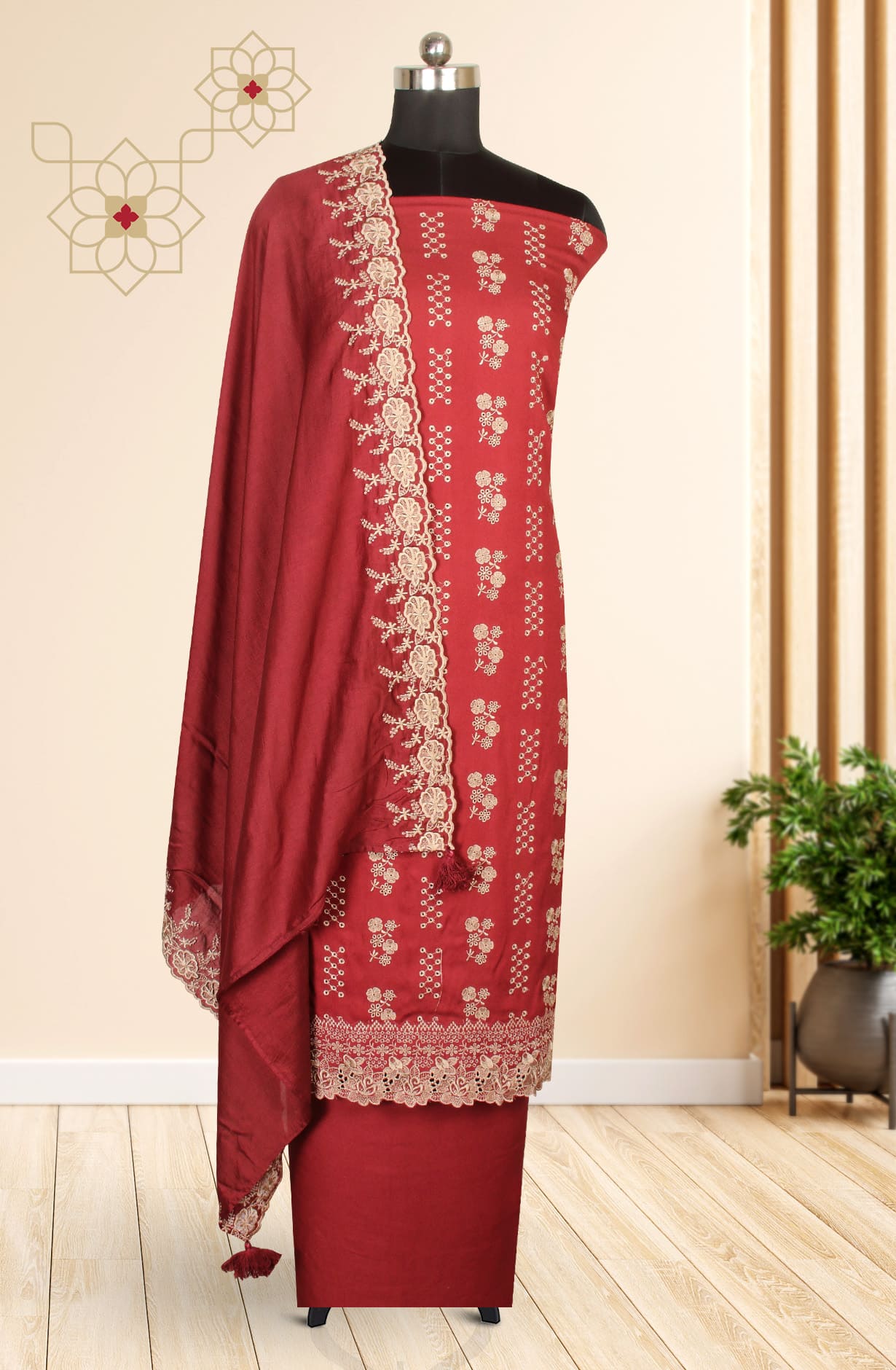 Maroon Exclusive Pure Pashmina with Schifli Embroidery Unstitched Suit-sets - STHNS12740C