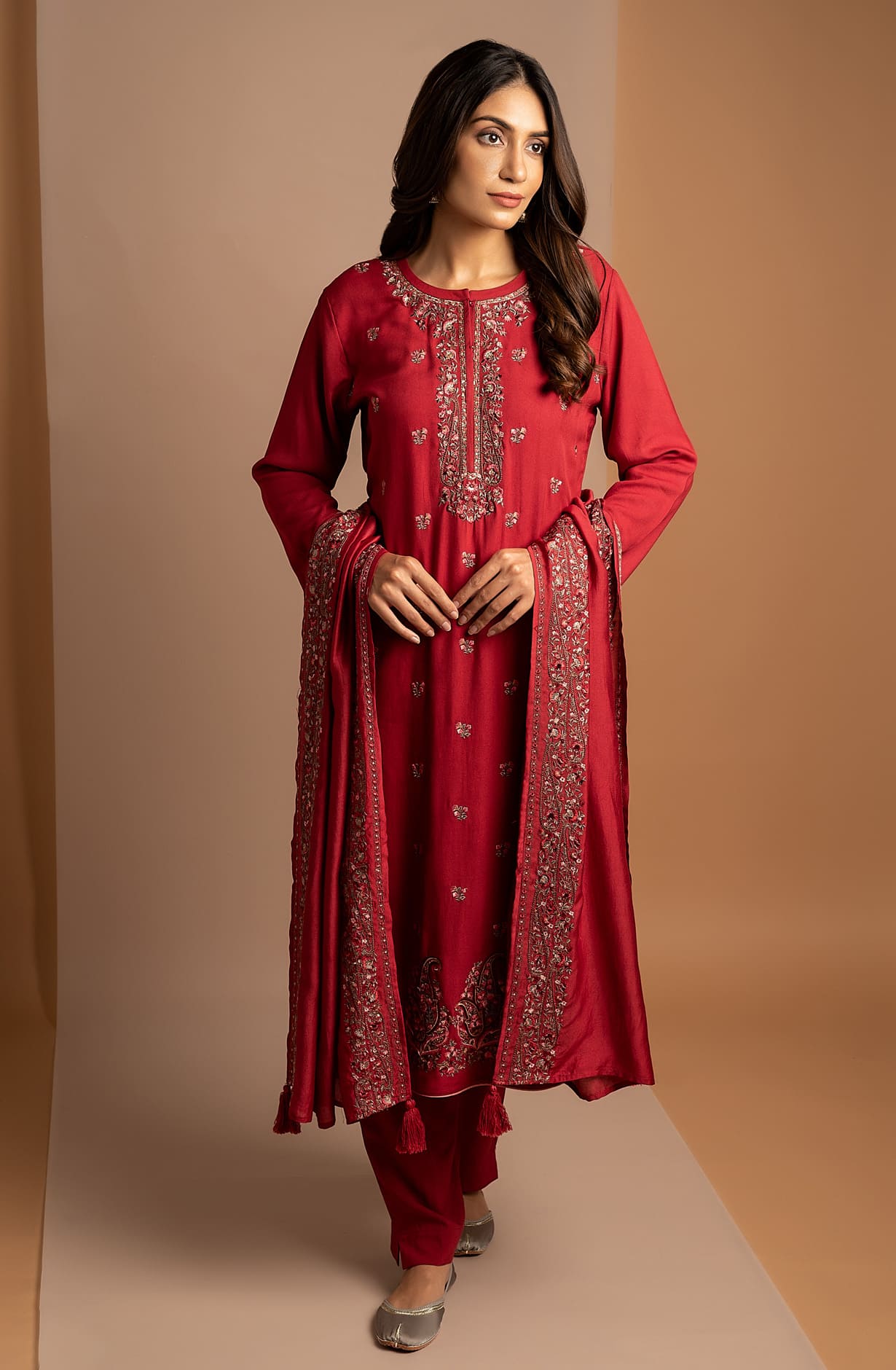 Maroon Pure Pashmina Exclusive Unstitched Salwar Kameez -MAU1595C