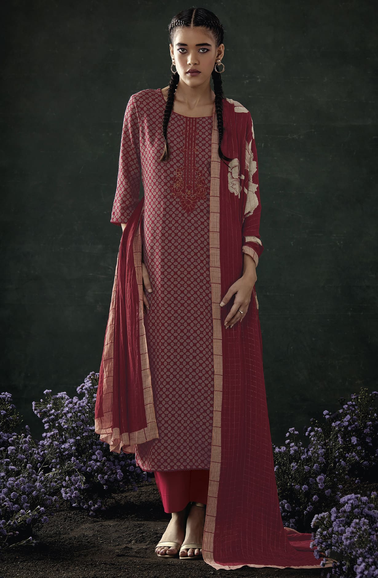 Maroon Spun Winterwear Printed Unstitched Salwar Kameez - ANAS1158B