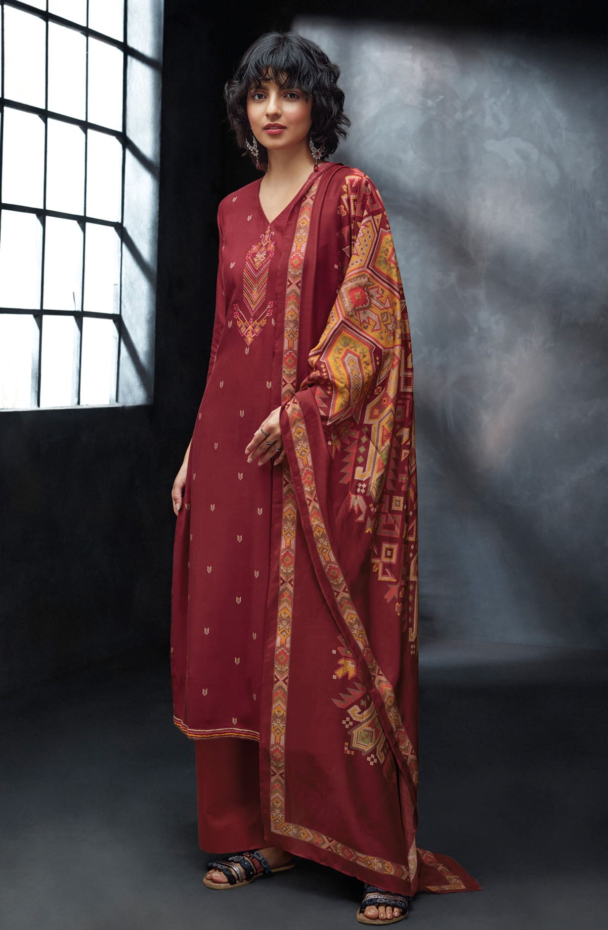 Maroon Spun Winterwear Printed Unstitched Salwar Kameez - KEYS1216D