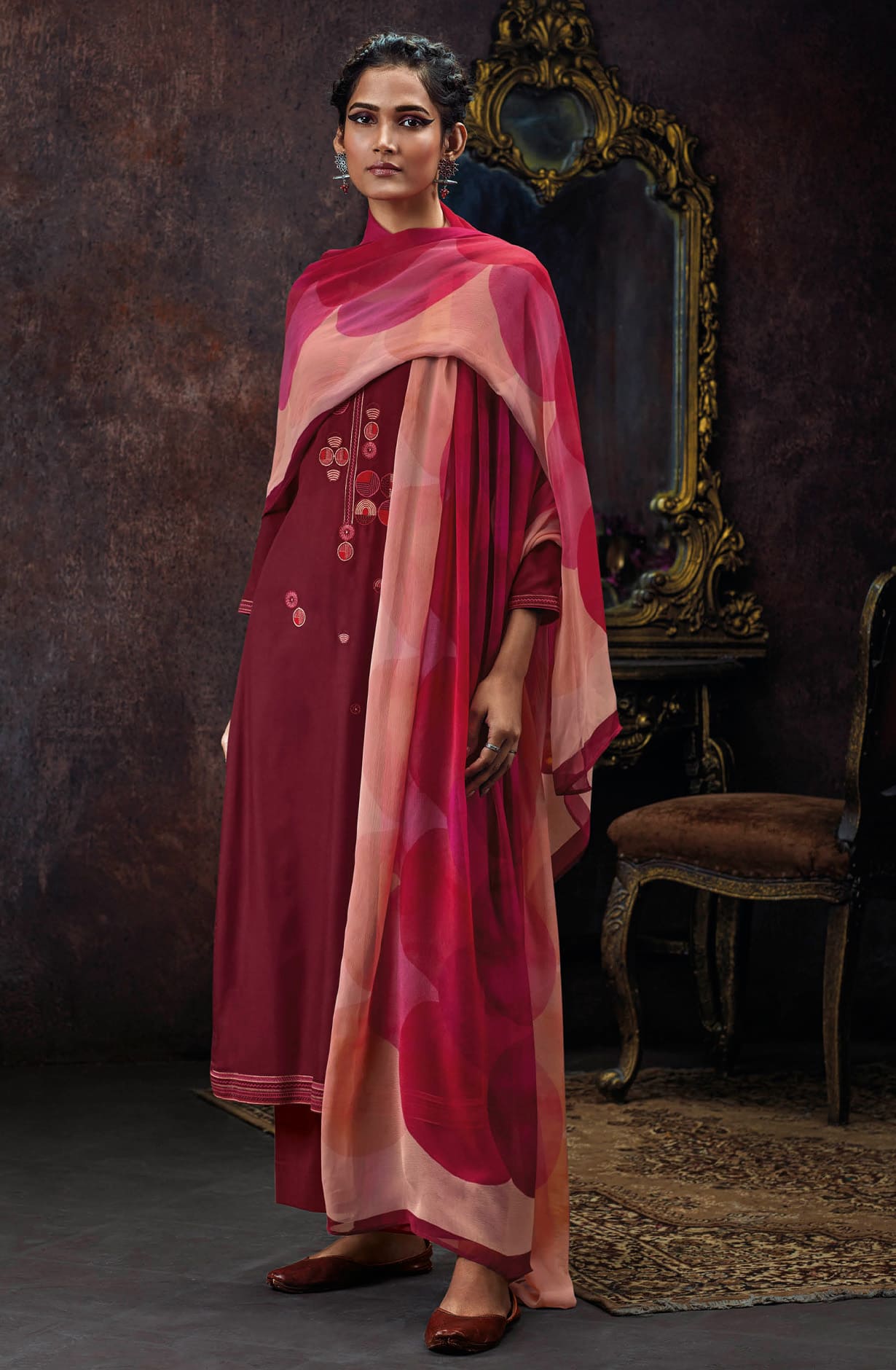 Maroon Spun Winterwear Unstitched Salwar Suit-set with Chiffon Dupatta - VIPC1301