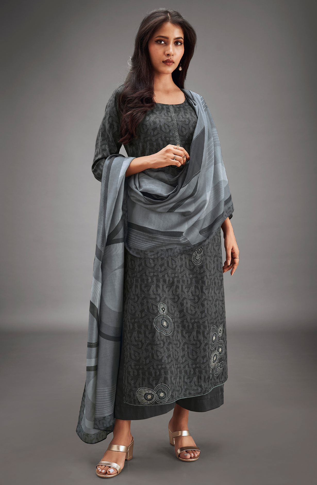 Charcoal Grey Cotton Digital Printed Unstitched Salwar Suit - MARS1813D