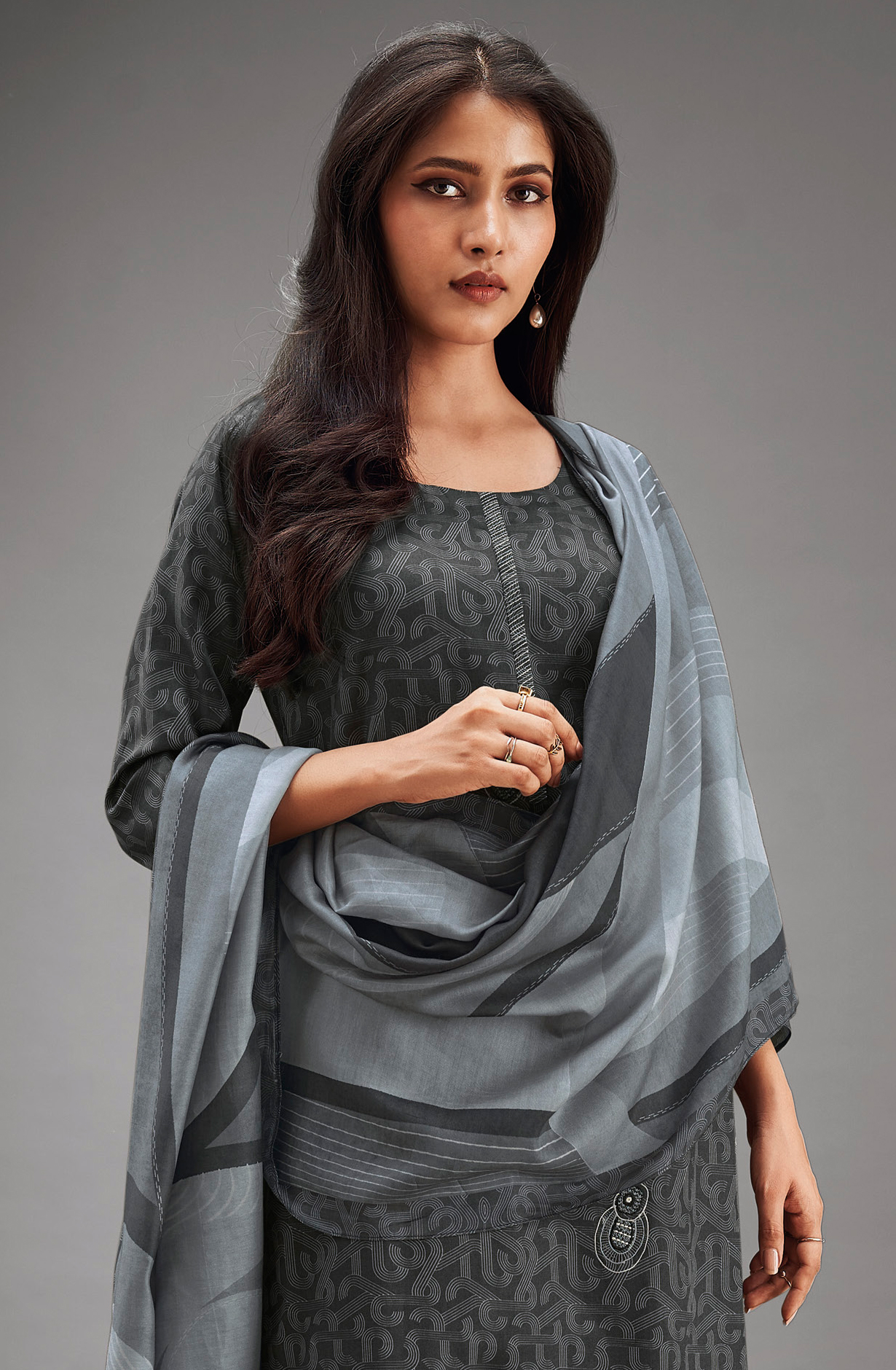 Charcoal Grey Cotton Digital Printed Unstitched Salwar Suit - MARS1813D