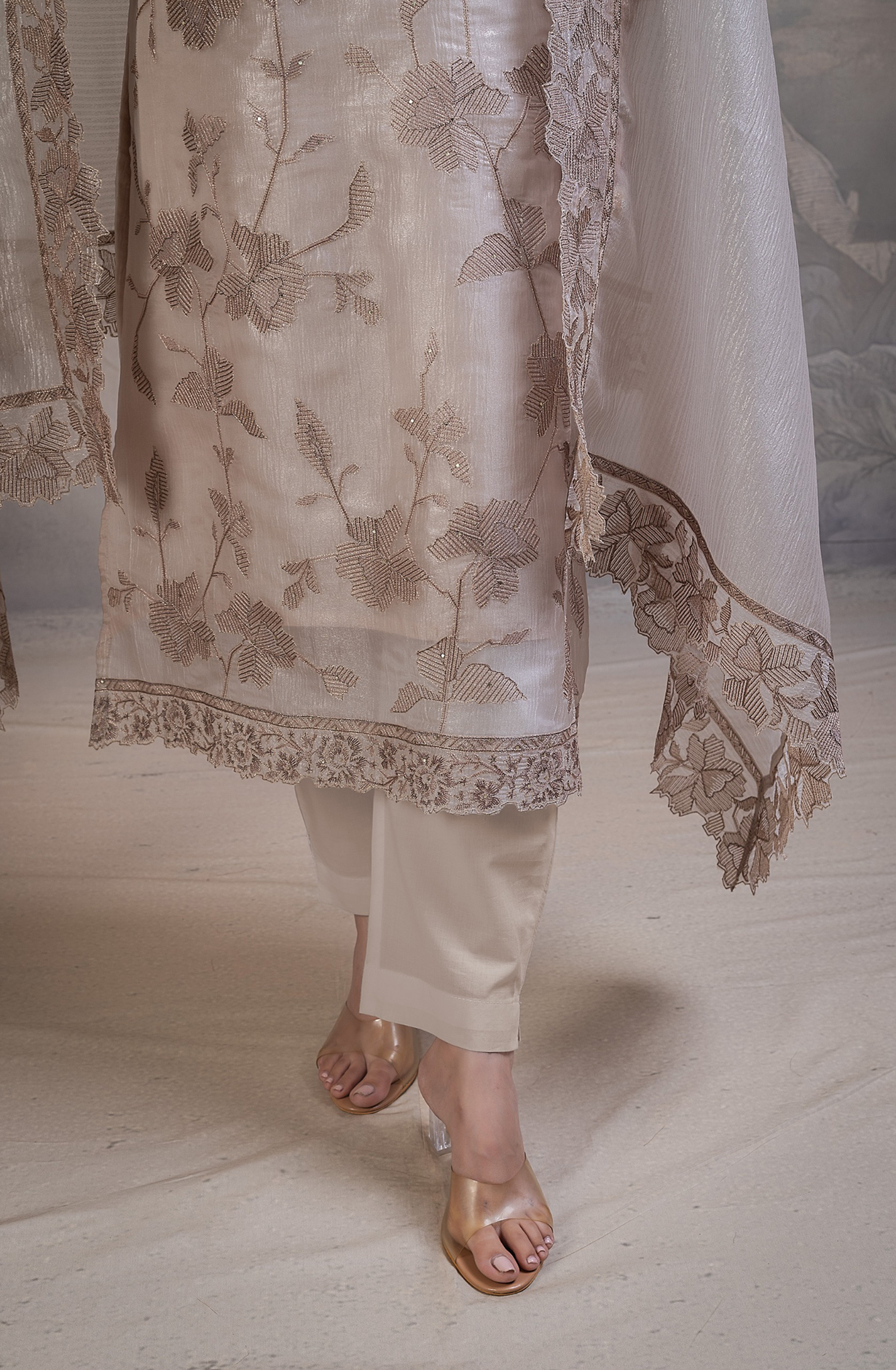 Beige Banarsi tissue crush Unstitched Suit with Beautiful Dupatta- R157-SPR2839B