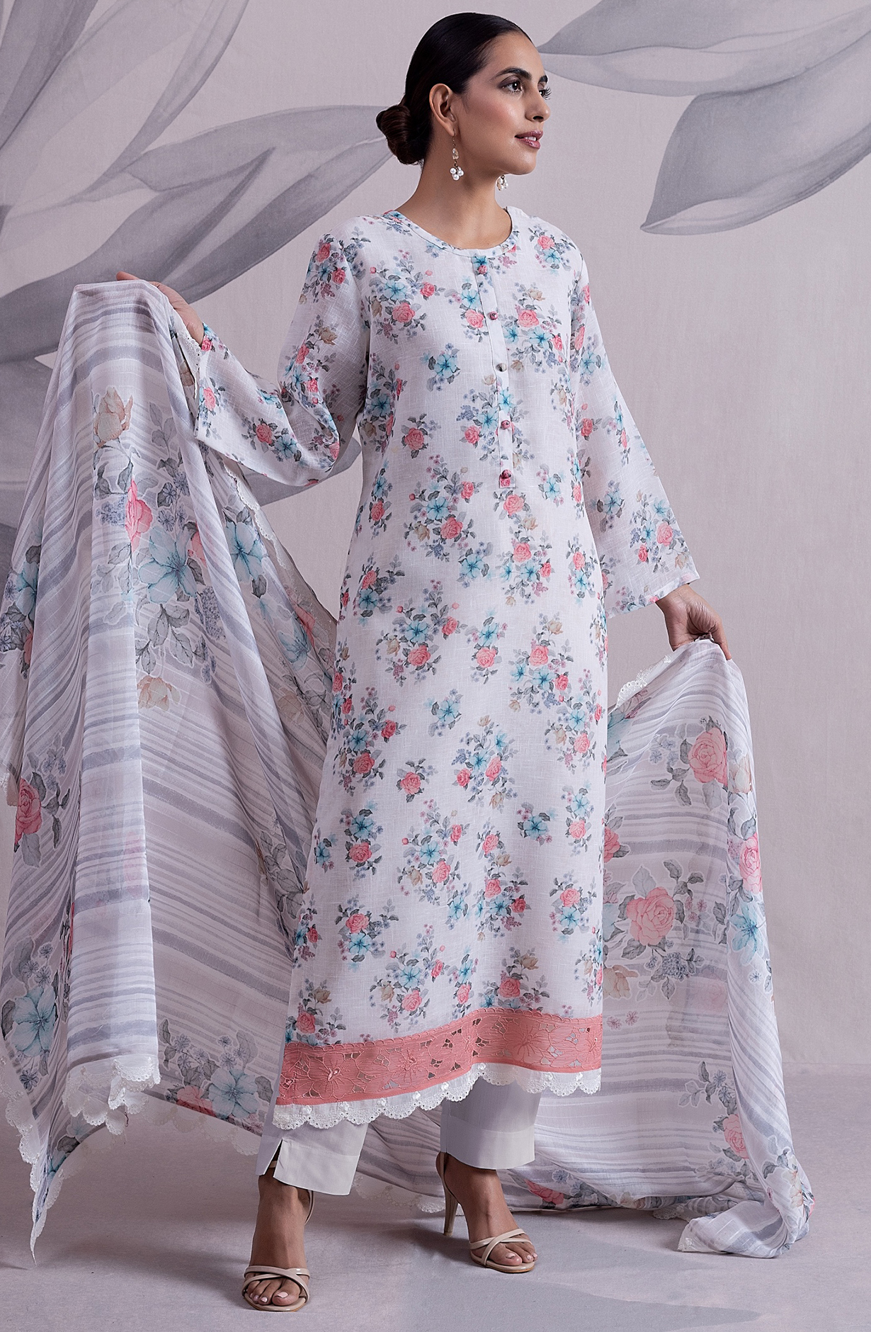 Cream Linen Exclusive Unstitched Salwar Kameez with Dupatta - MED2139