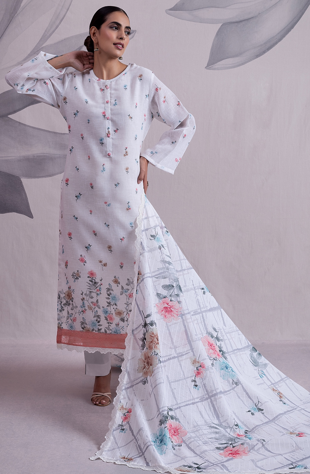 Cream Linen Exclusive Unstitched Salwar Kameez with Dupatta - MED2141