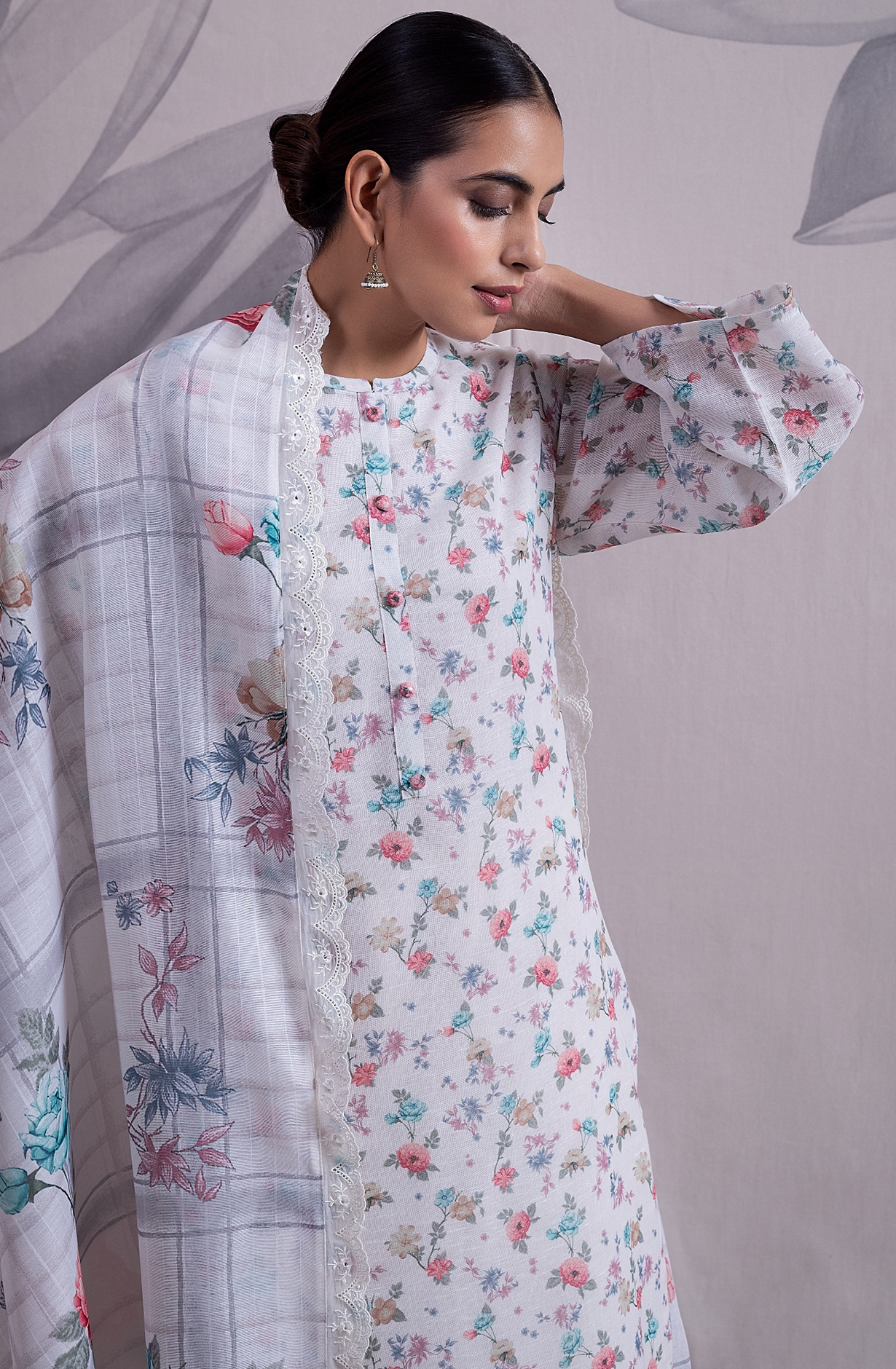 Cream Linen Exclusive Unstitched Salwar Kameez with Dupatta - MED2142