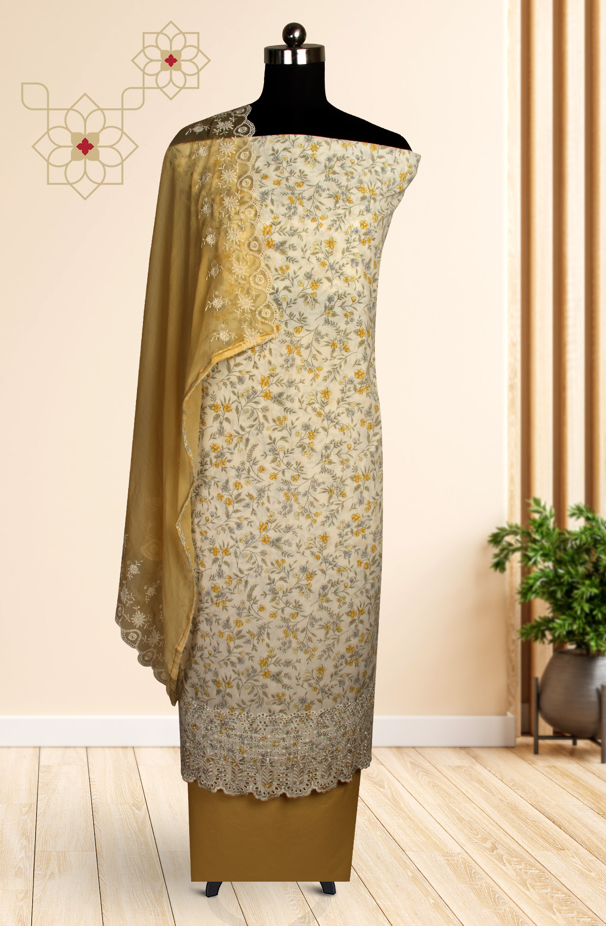 White and Mustard Cotton Unstitched Salwar Suit with Chiffon Dupatta - MEEPIM48