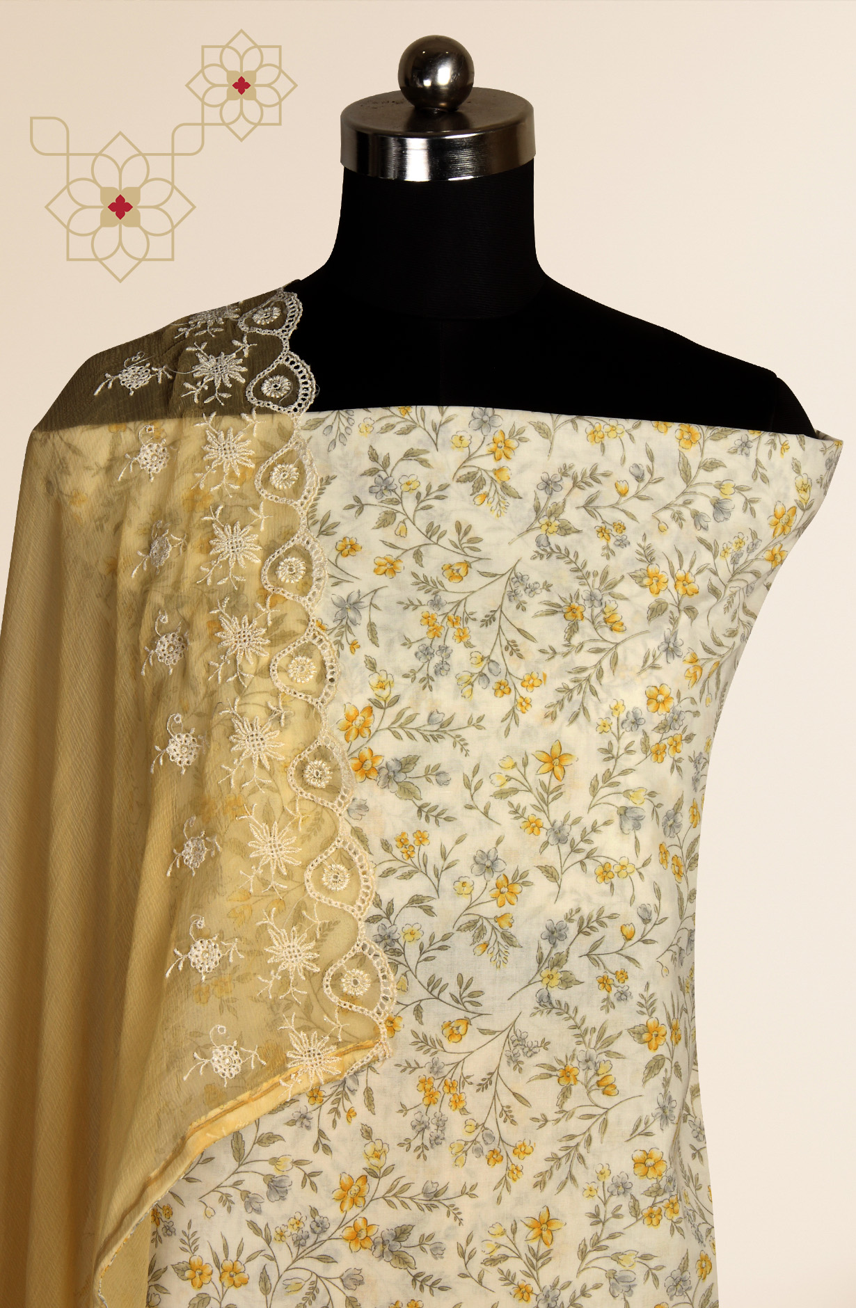 White and Mustard Cotton Unstitched Salwar Suit with Chiffon Dupatta - MEEPIM48