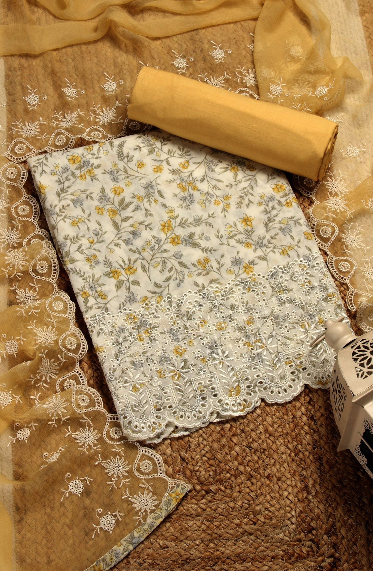 White and Mustard Cotton Unstitched Salwar Suit with Chiffon Dupatta - MEEPIM48