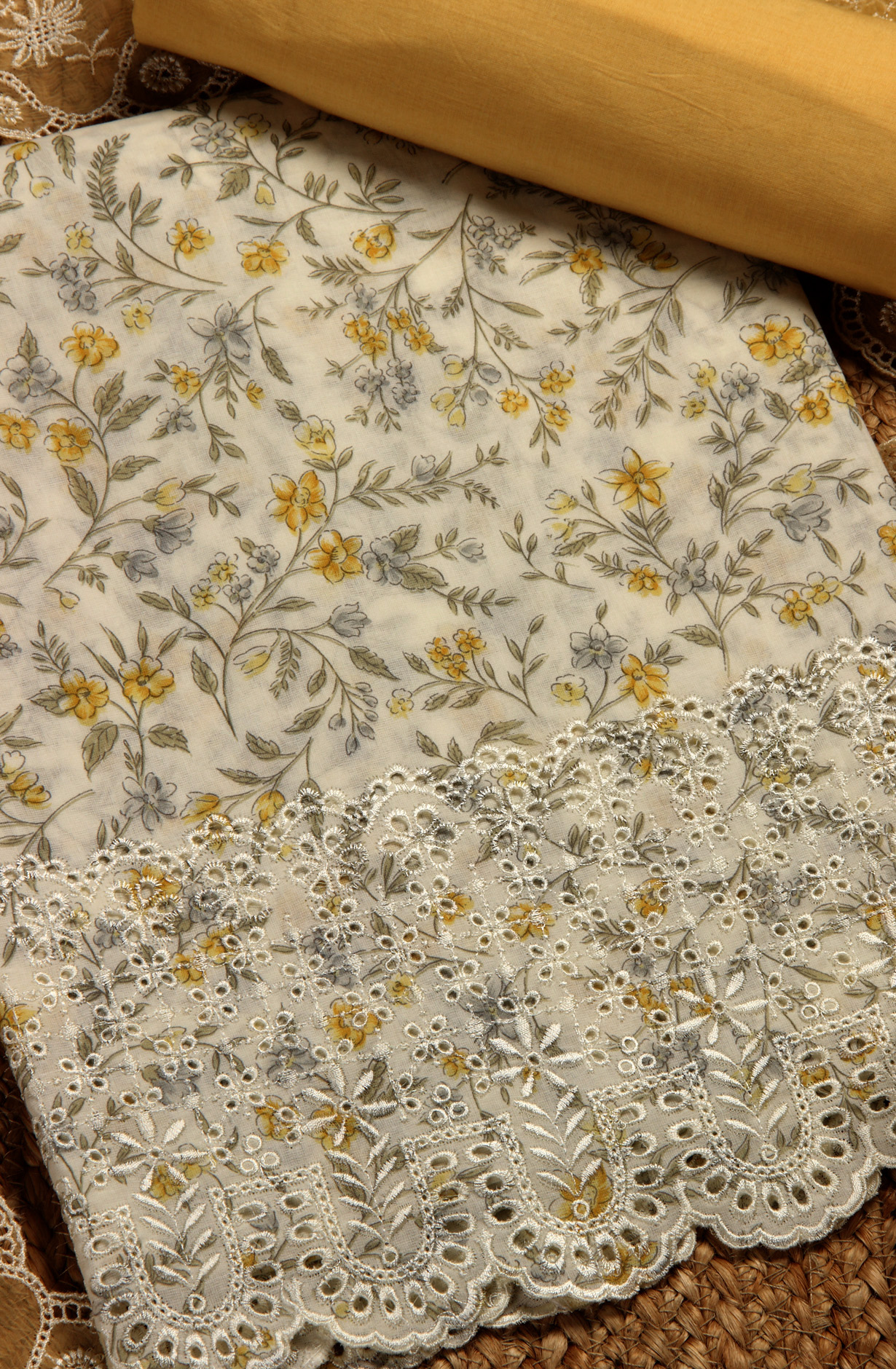 White and Mustard Cotton Unstitched Salwar Suit with Chiffon Dupatta - MEEPIM48