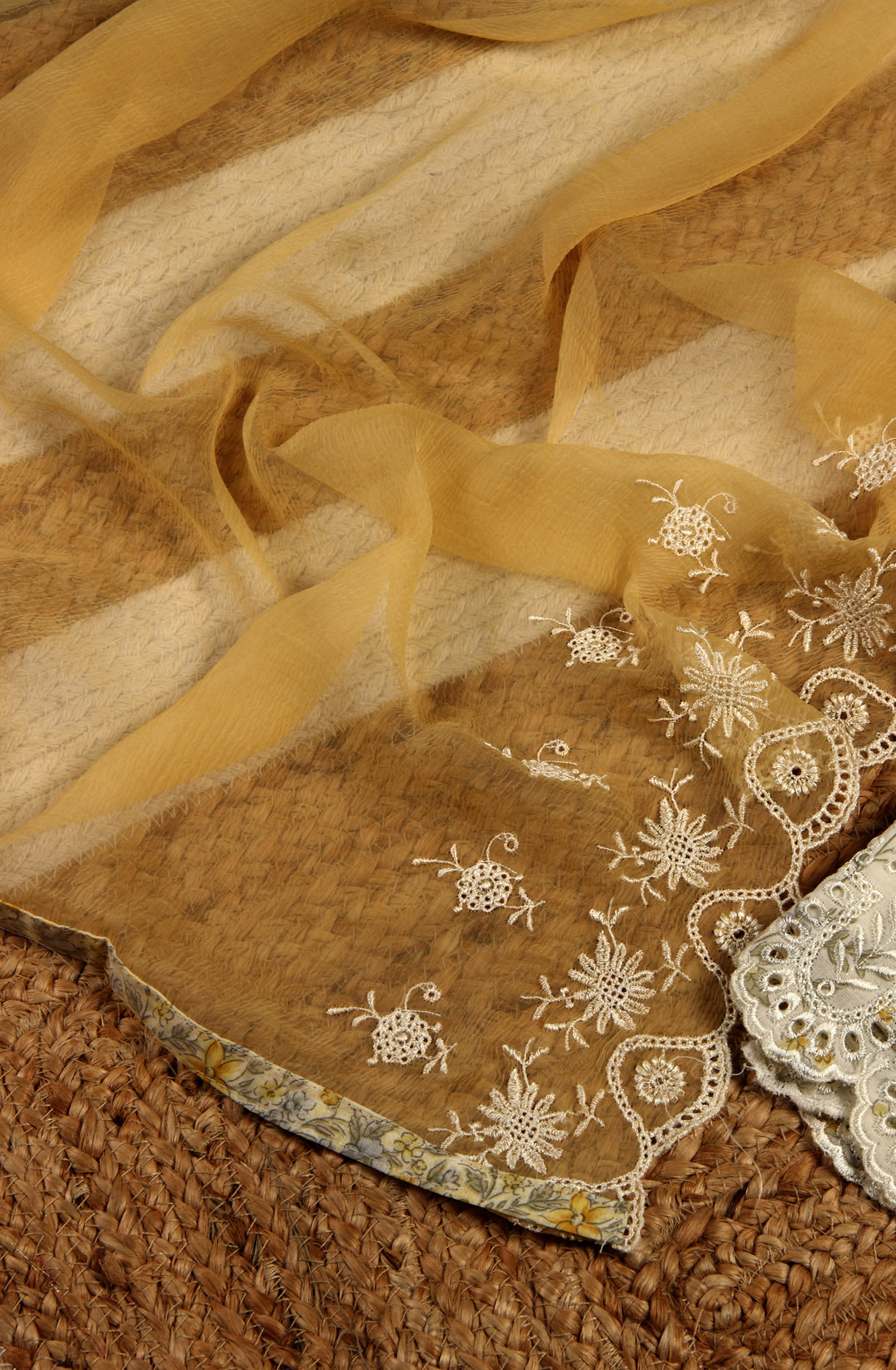 White and Mustard Cotton Unstitched Salwar Suit with Chiffon Dupatta - MEEPIM48