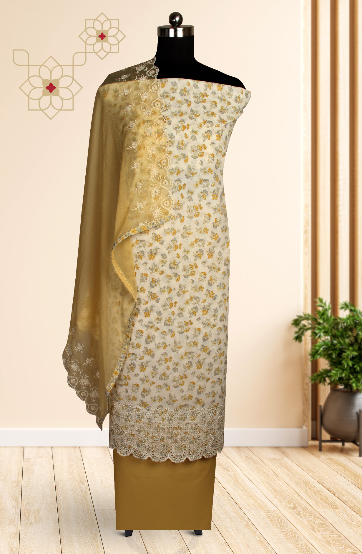 White and Mustard Cotton Unstitched Salwar Suit with Chiffon Dupatta - MEEPIM49