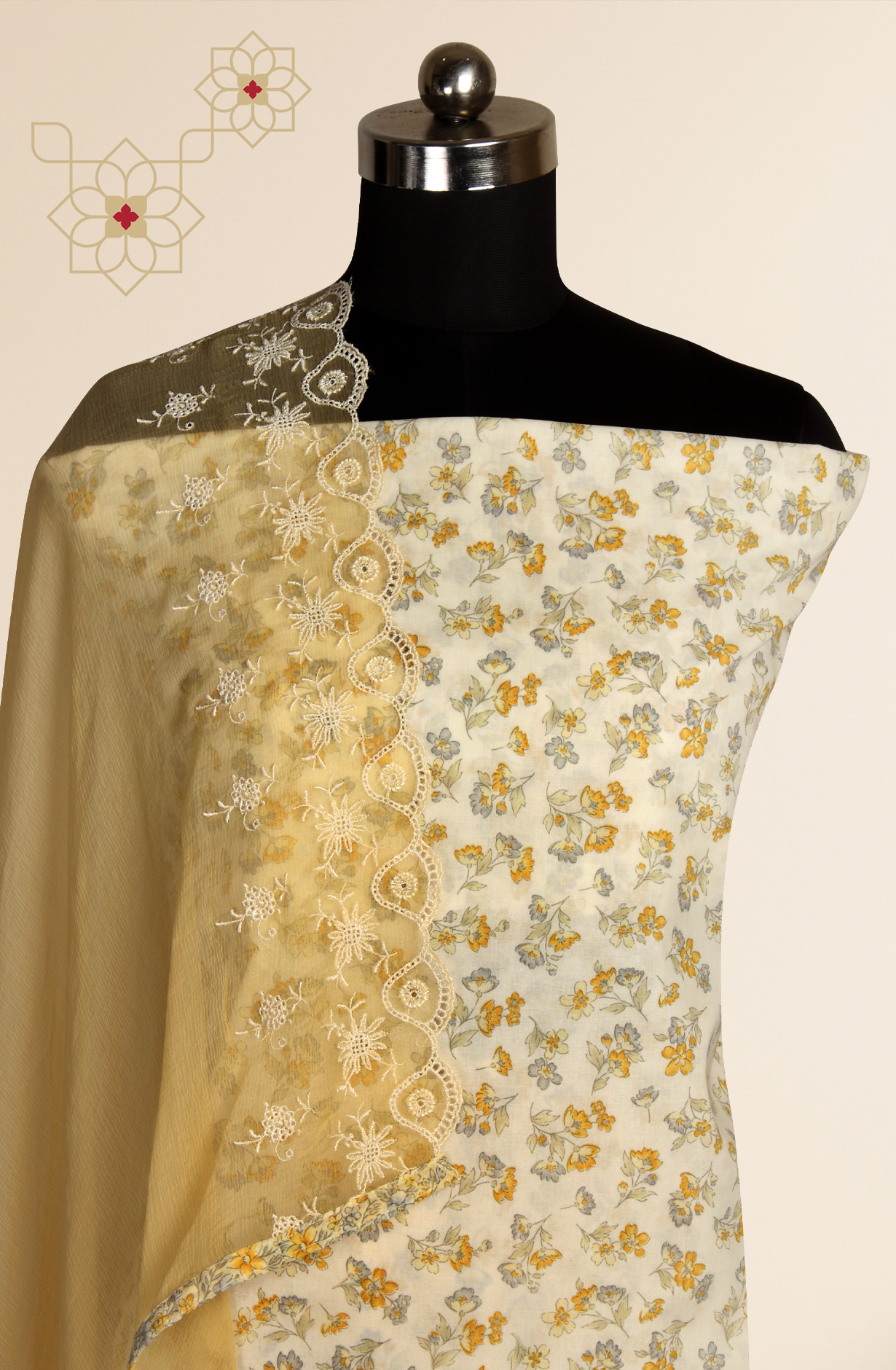 White and Mustard Cotton Unstitched Salwar Suit with Chiffon Dupatta - MEEPIM49