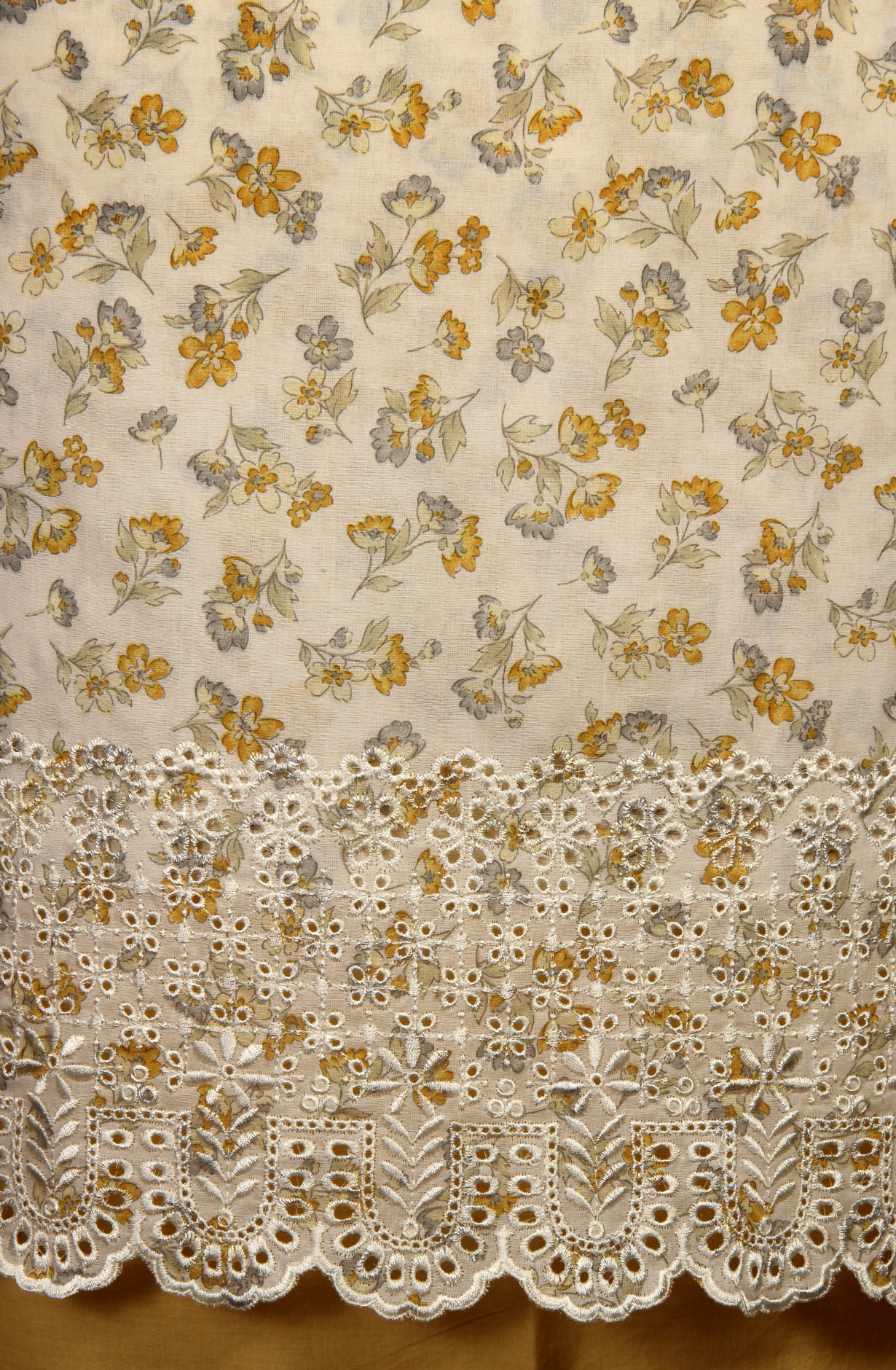 White and Mustard Cotton Unstitched Salwar Suit with Chiffon Dupatta - MEEPIM49