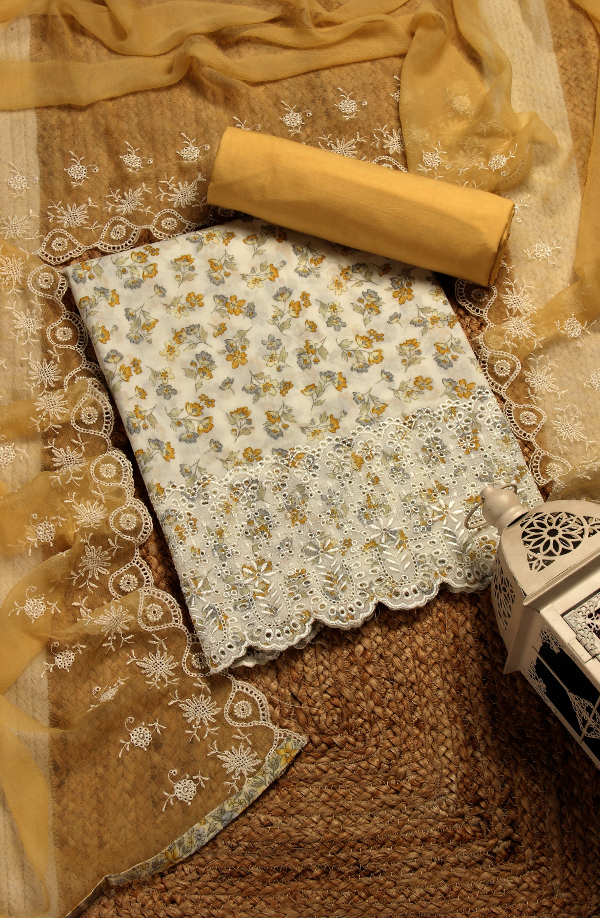 White and Mustard Cotton Unstitched Salwar Suit with Chiffon Dupatta - MEEPIM49