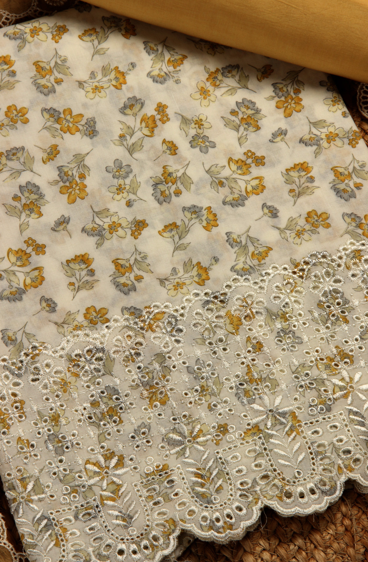 White and Mustard Cotton Unstitched Salwar Suit with Chiffon Dupatta - MEEPIM49