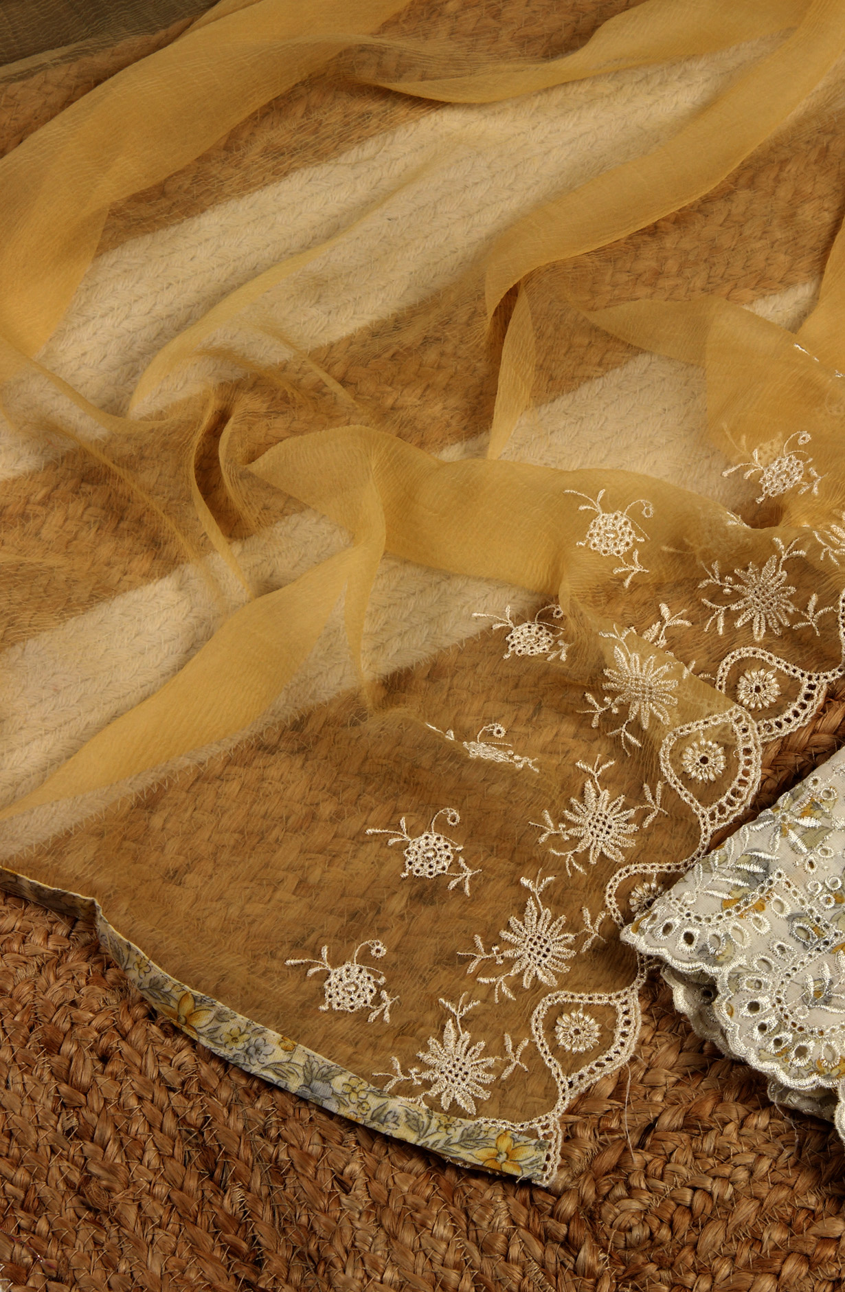 White and Mustard Cotton Unstitched Salwar Suit with Chiffon Dupatta - MEEPIM49