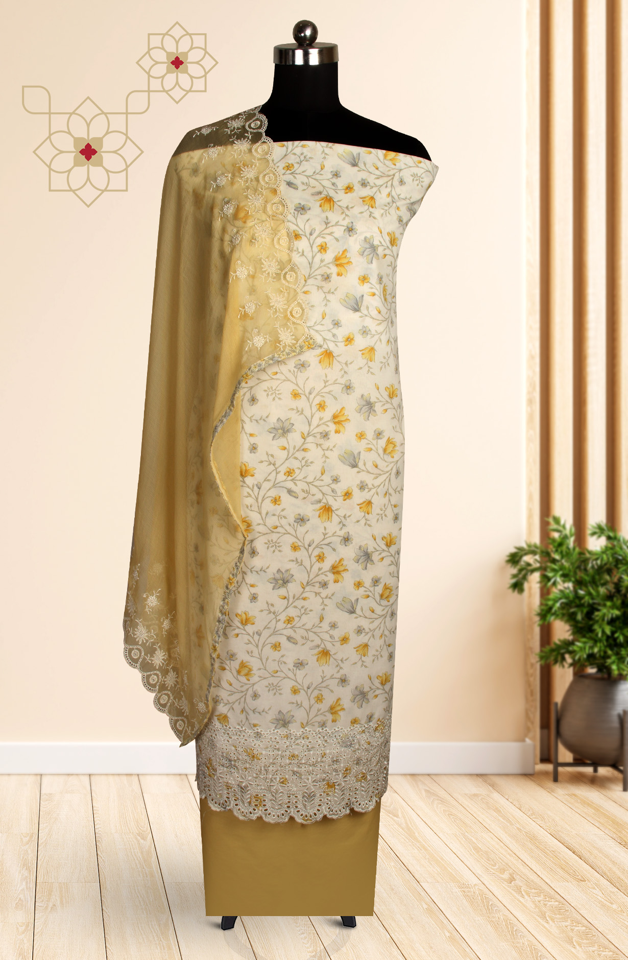 White and Mustard Cotton Unstitched Salwar Suit with Chiffon Dupatta - MEEPIM50