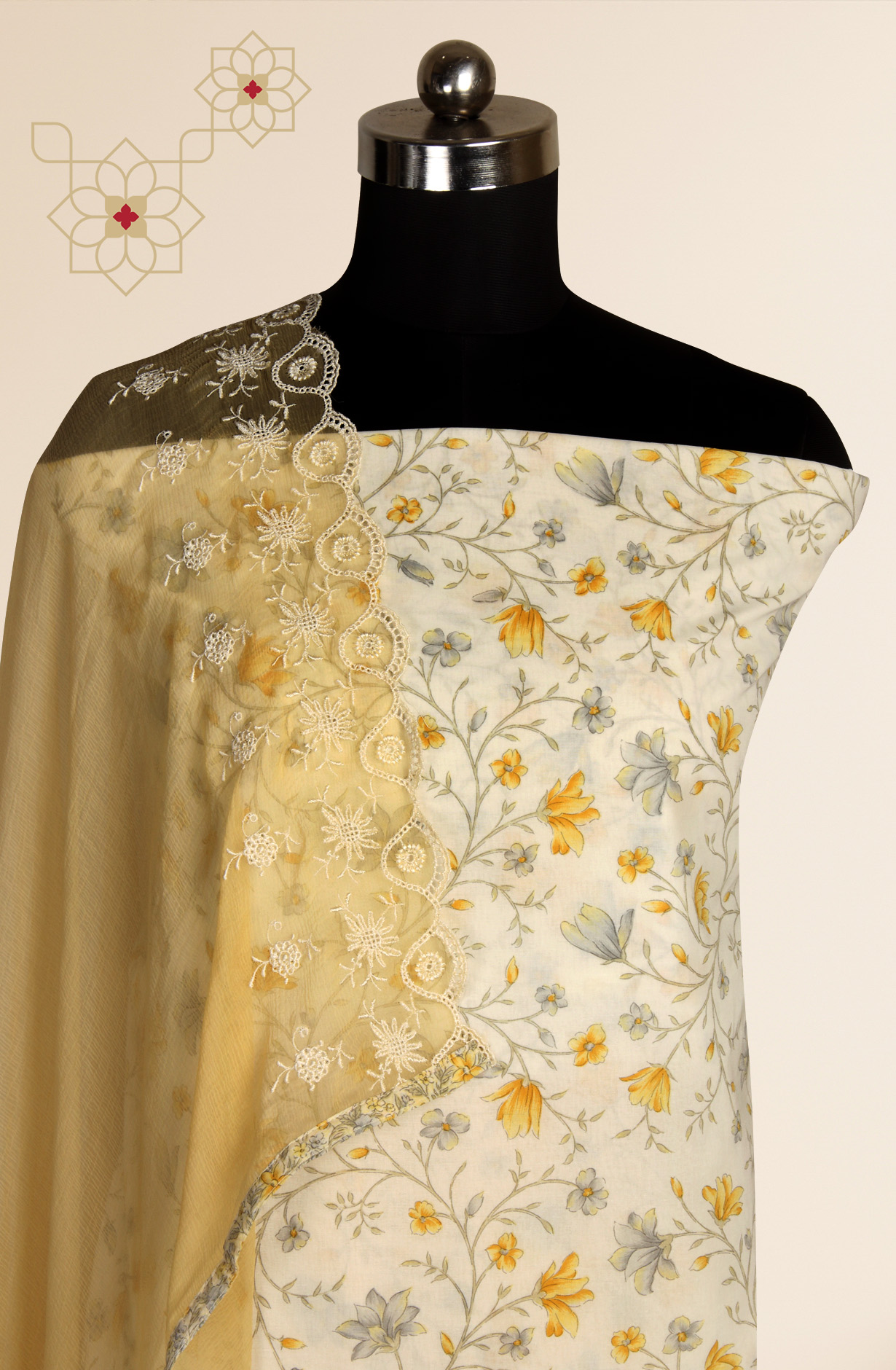 White and Mustard Cotton Unstitched Salwar Suit with Chiffon Dupatta - MEEPIM50