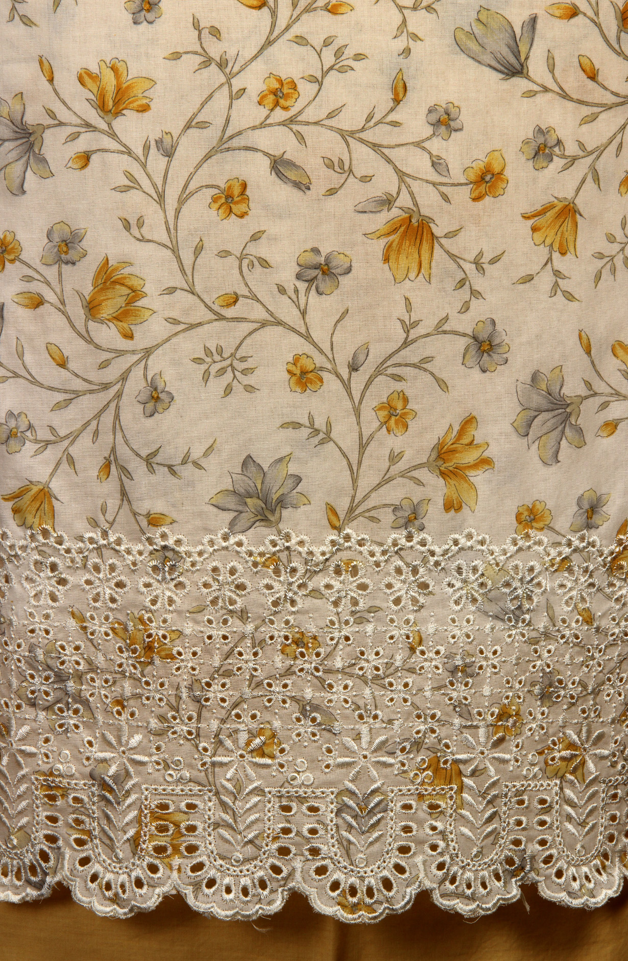 White and Mustard Cotton Unstitched Salwar Suit with Chiffon Dupatta - MEEPIM50