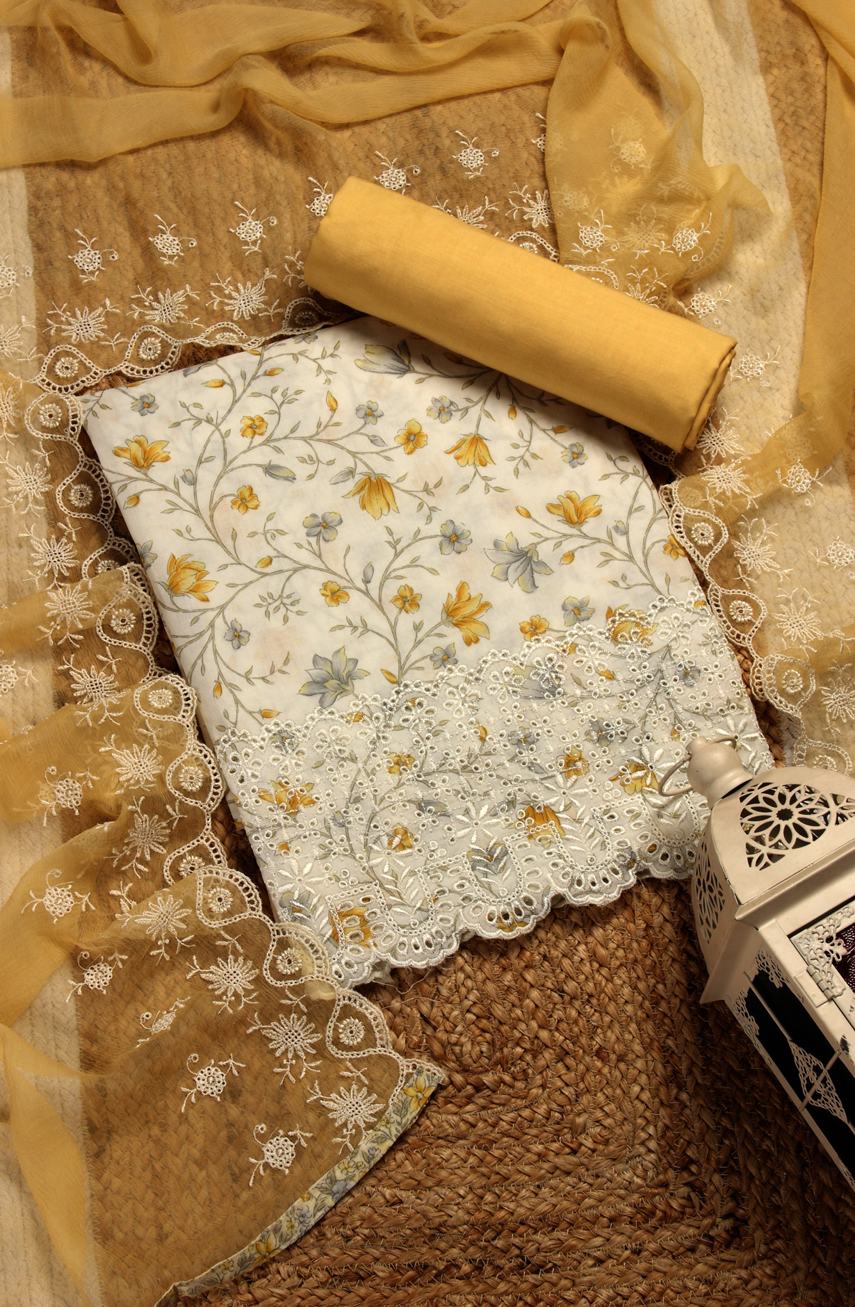 White and Mustard Cotton Unstitched Salwar Suit with Chiffon Dupatta - MEEPIM50