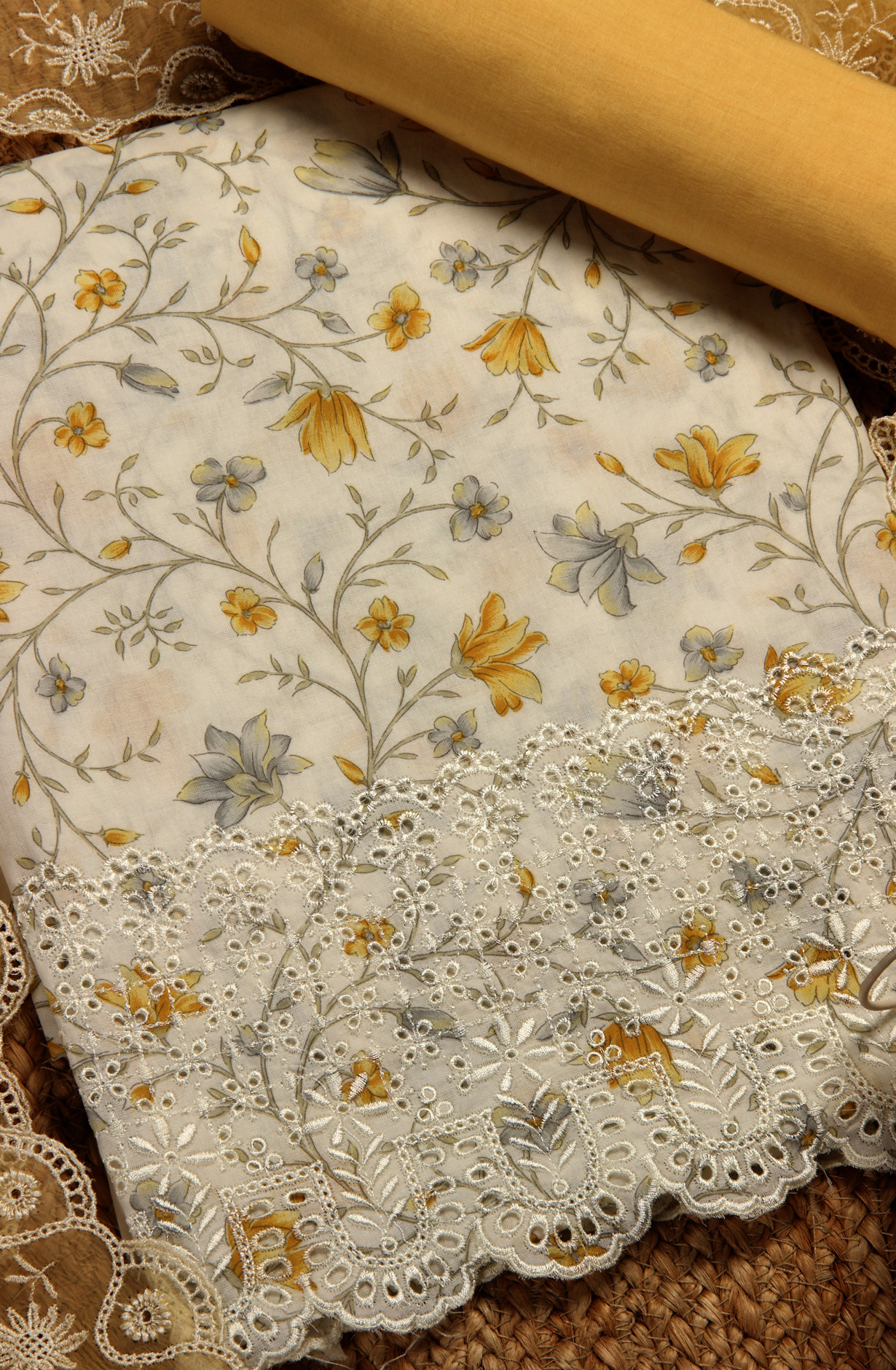 White and Mustard Cotton Unstitched Salwar Suit with Chiffon Dupatta - MEEPIM50