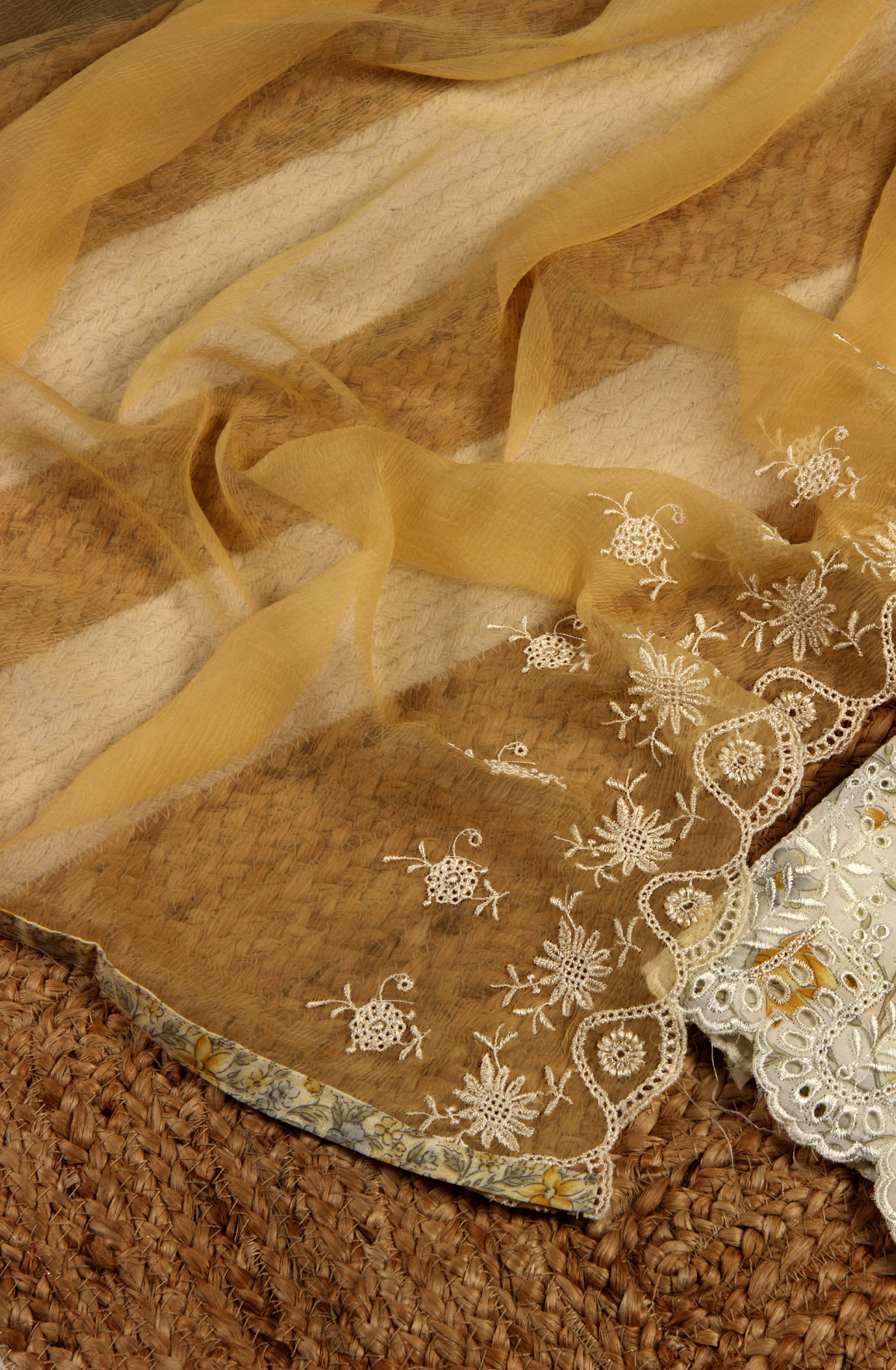 White and Mustard Cotton Unstitched Salwar Suit with Chiffon Dupatta - MEEPIM50