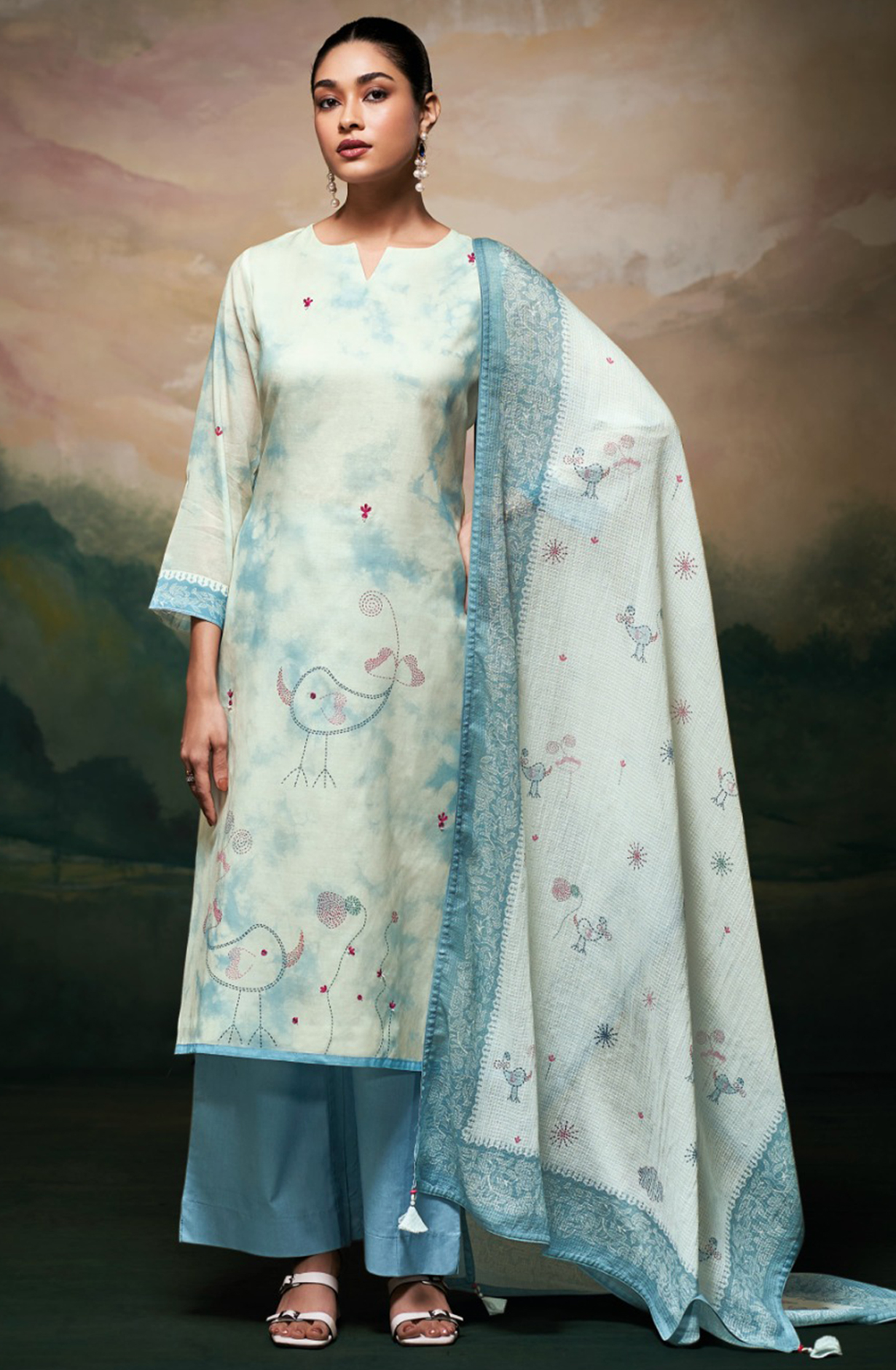 Sky Blue Mul Cotton Suit Set with Printed Dupatta- MEES3521A