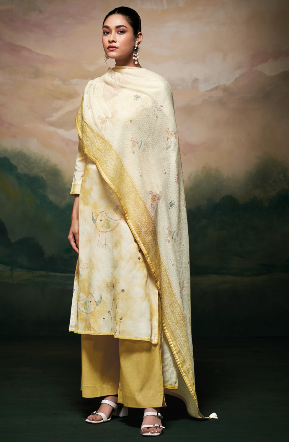 Lemon Mul Cotton Suit Set with Printed Dupatta- MEES3521B