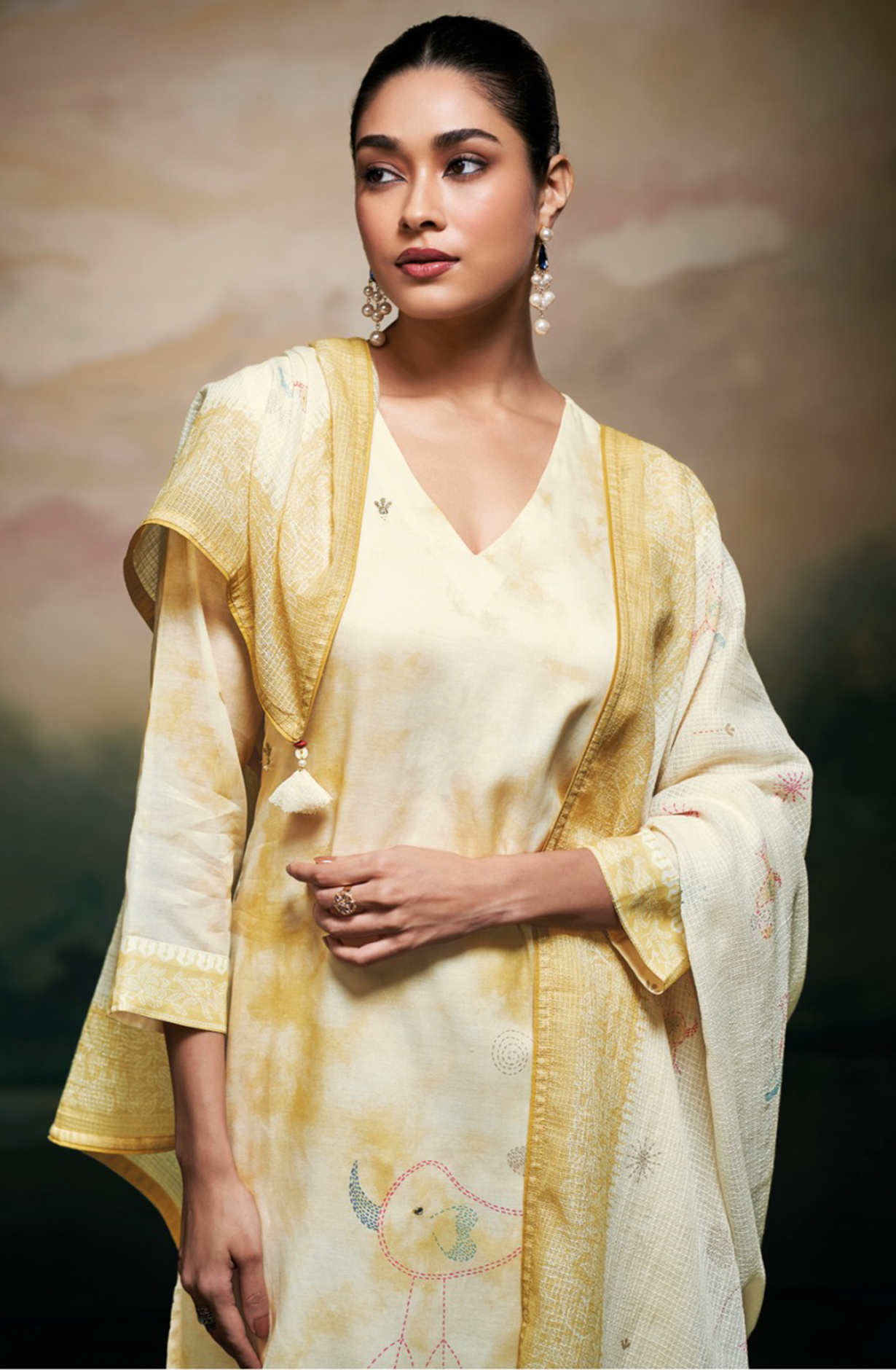 Lemon Mul Cotton Suit Set with Printed Dupatta- MEES3521B