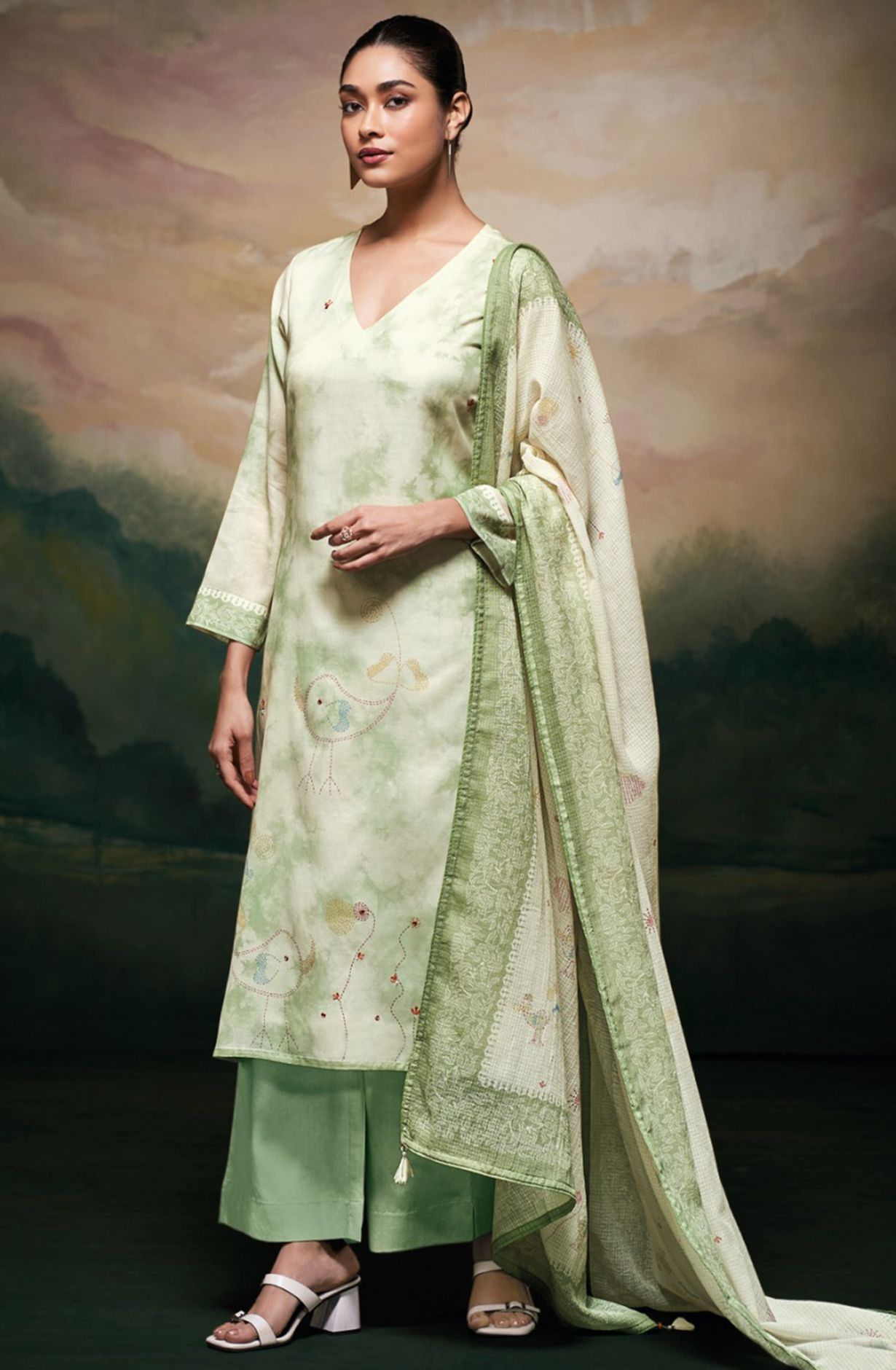 Green Mul Cotton Suit Set with Printed Dupatta- MEES3521D