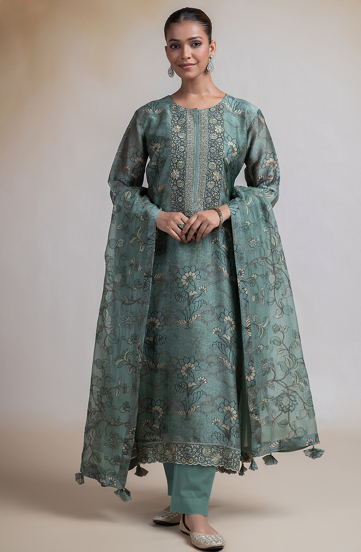 Green Printed Silk Suit with Dupatta - R157-SPR2391B