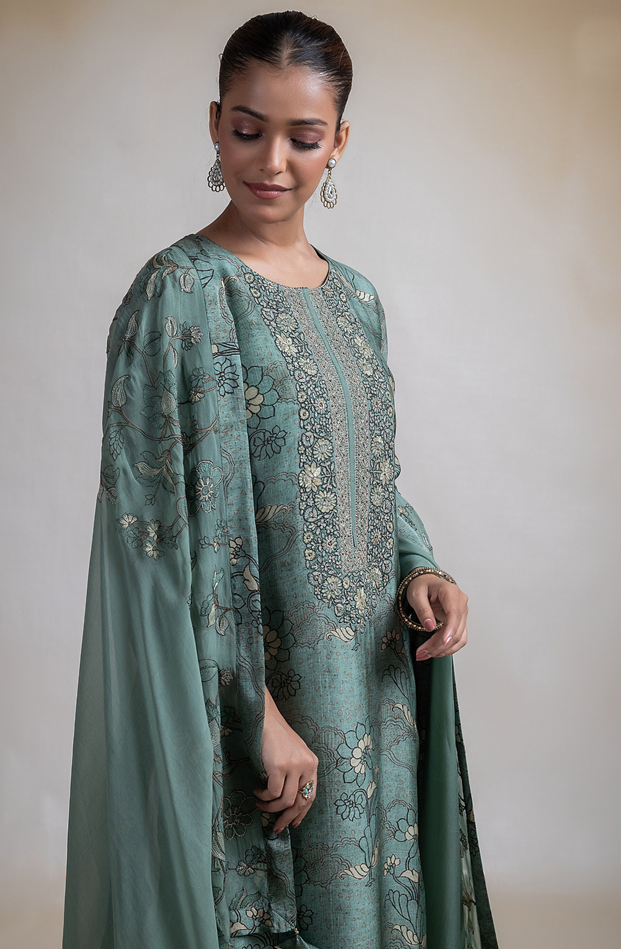 Green Printed Silk Suit with Dupatta - R157-SPR2391B