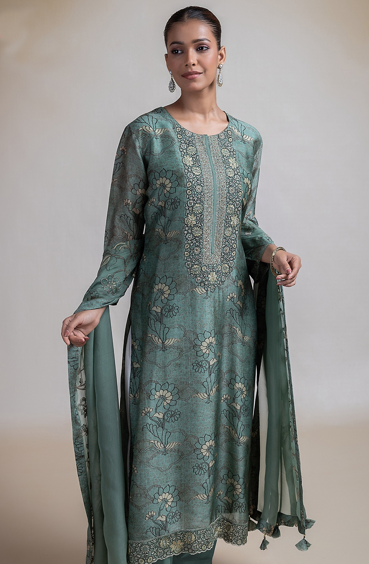 Green Printed Silk Suit with Dupatta - R157-SPR2391B