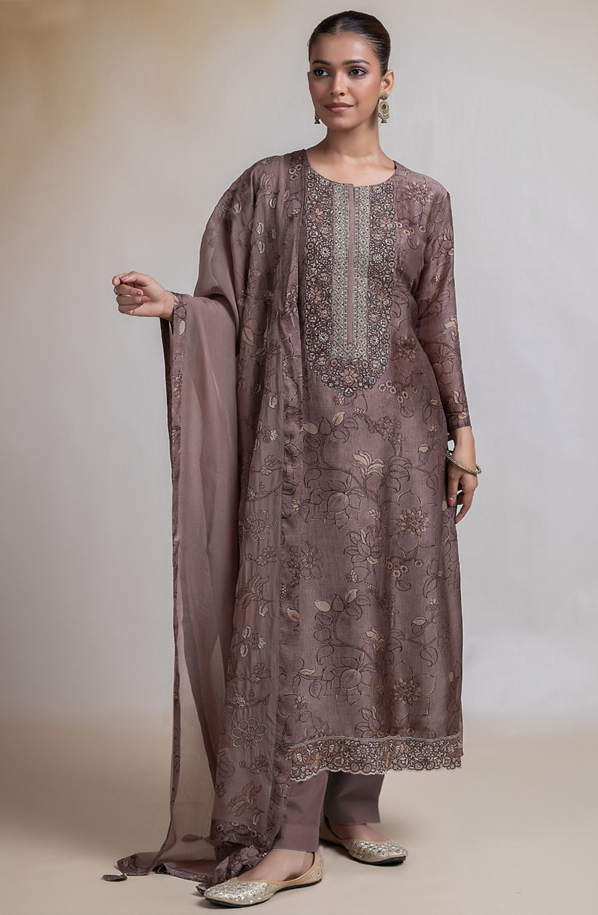 Brown Printed Silk Suit with Dupatta - R157-SPR2391A