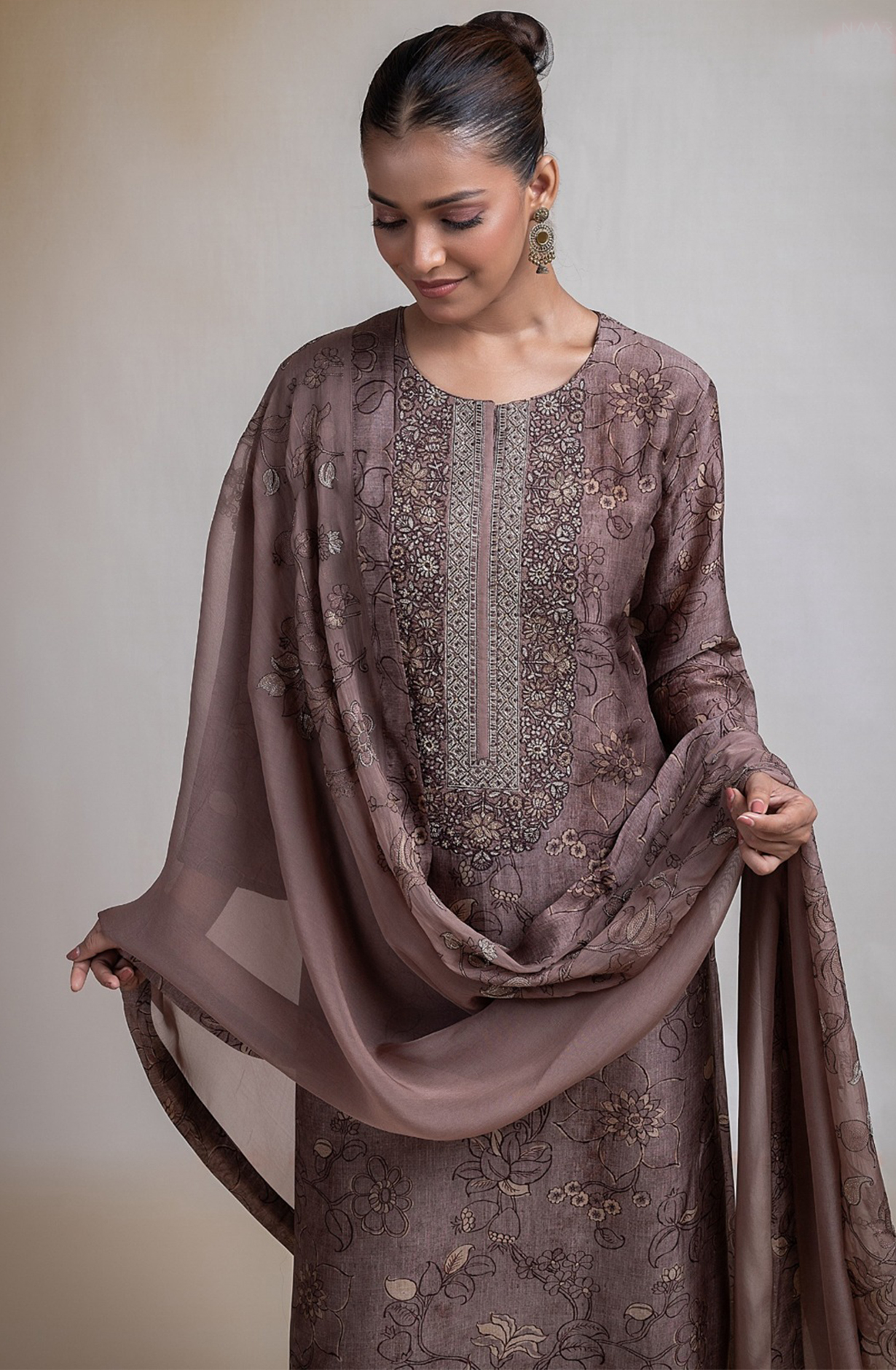 Brown Printed Silk Suit with Dupatta - R157-SPR2391A