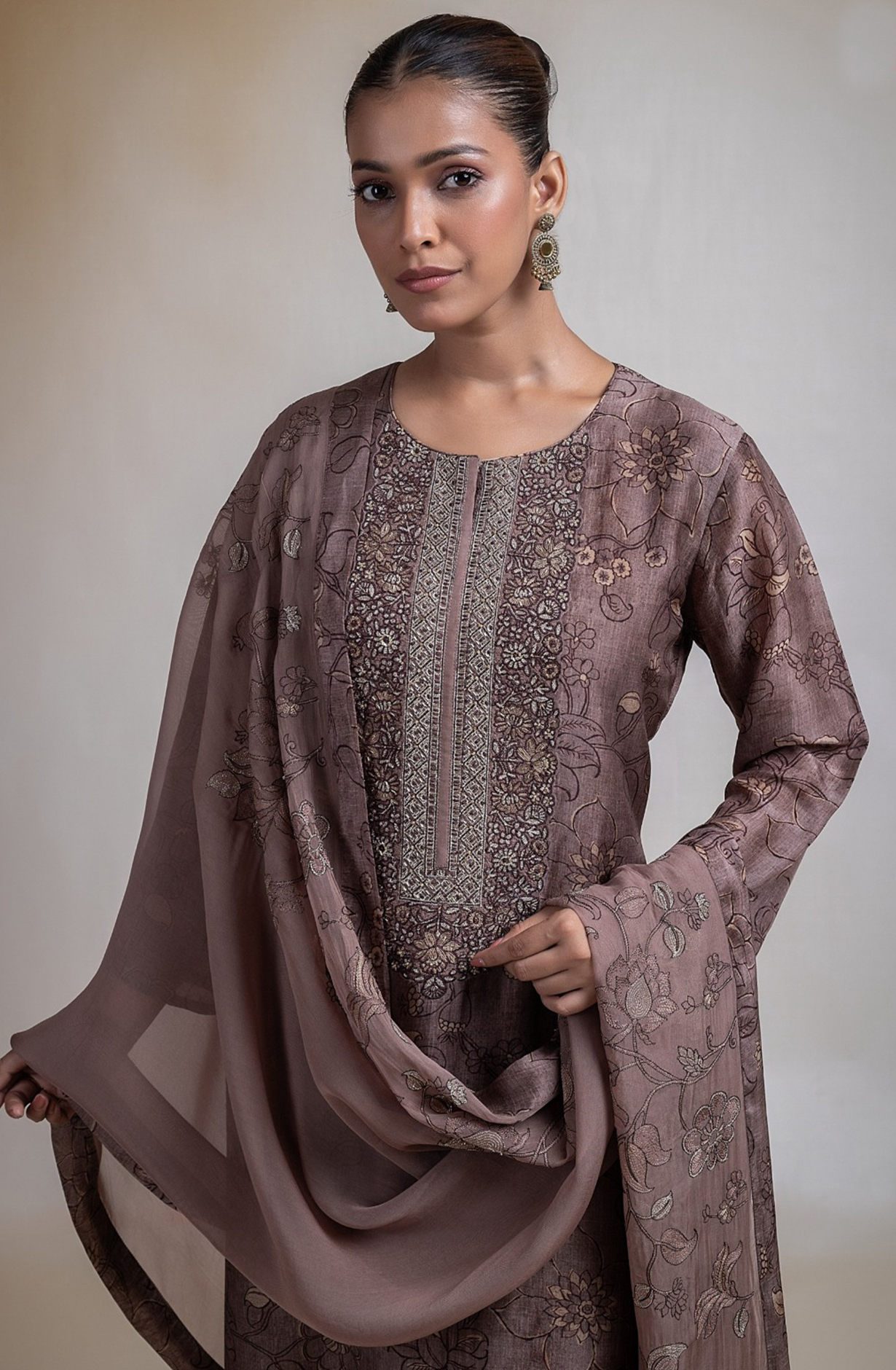 Brown Printed Silk Suit with Dupatta - R157-SPR2391A