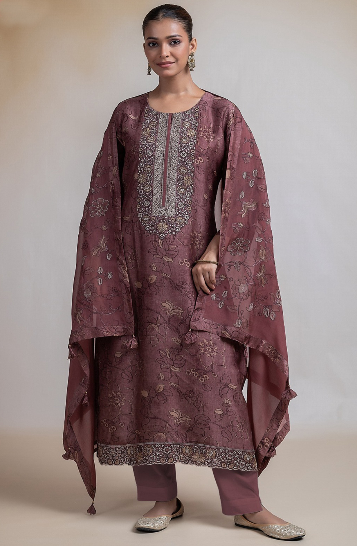 Coffee Printed Silk Suit with Dupatta - R157-SPR2391C