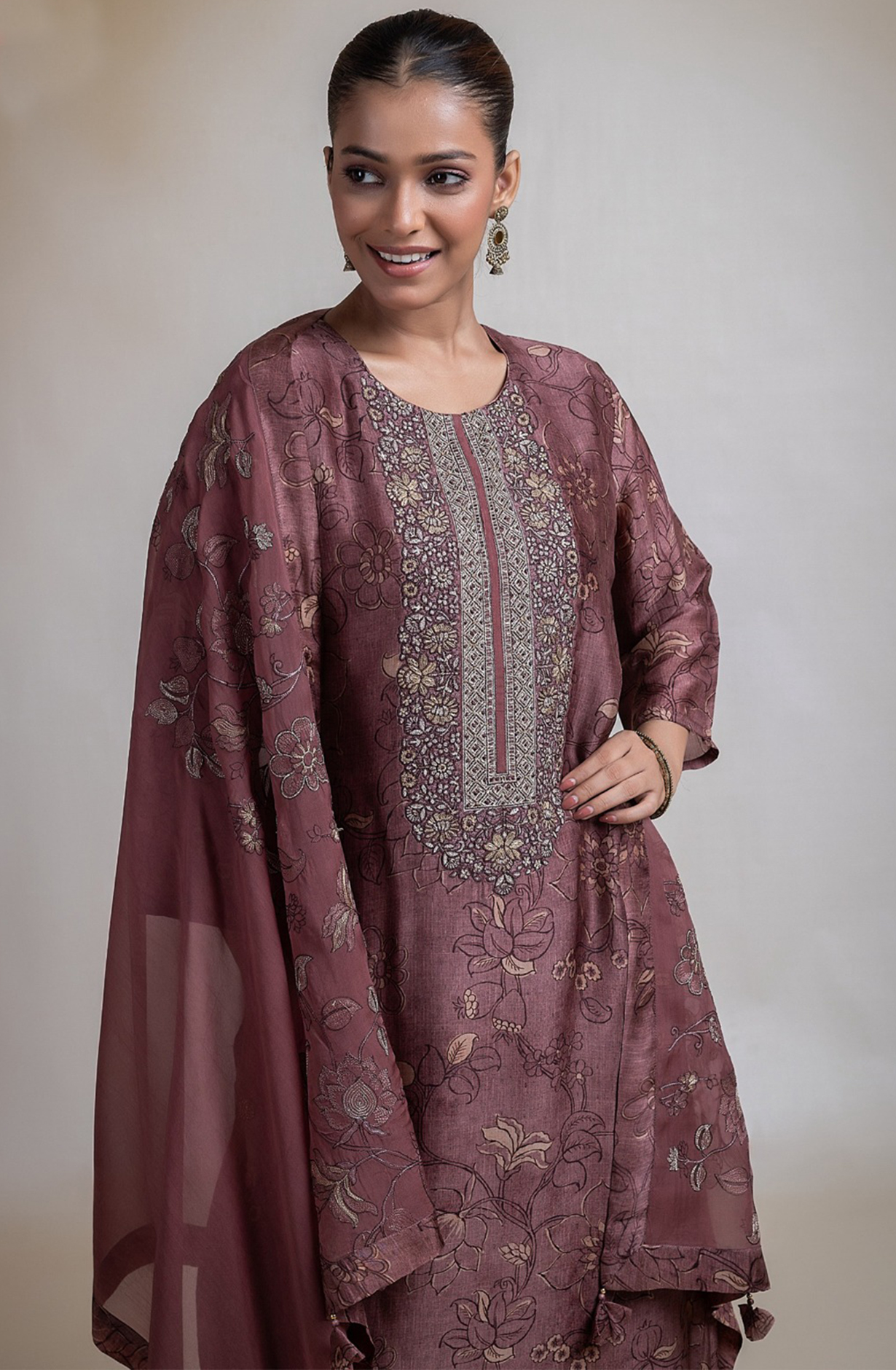 Coffee Printed Silk Suit with Dupatta - R157-SPR2391C